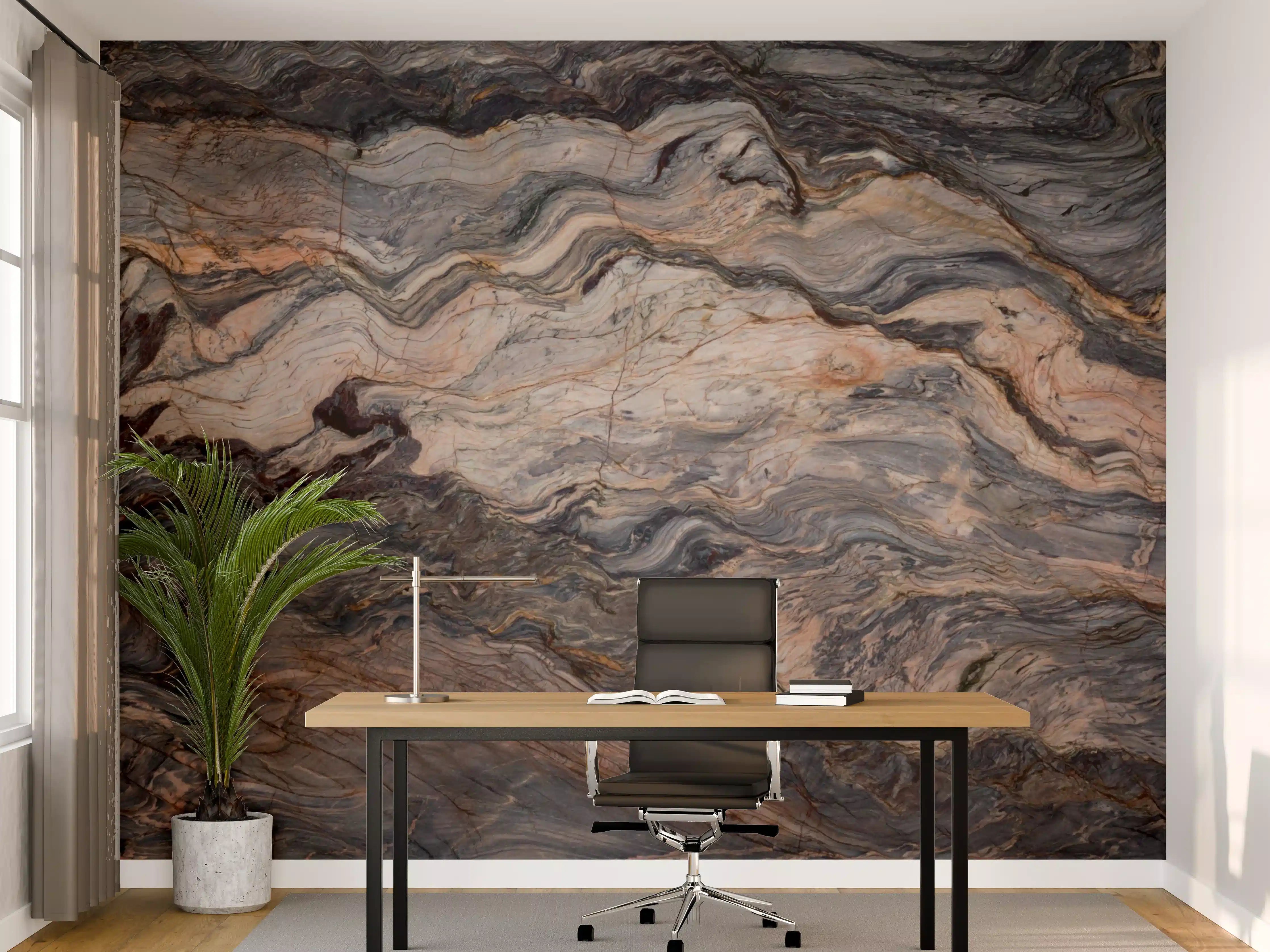 Büro Wandgestaltung - Marmorierte Natursteintextur in dunklen Braun- und Grautönen