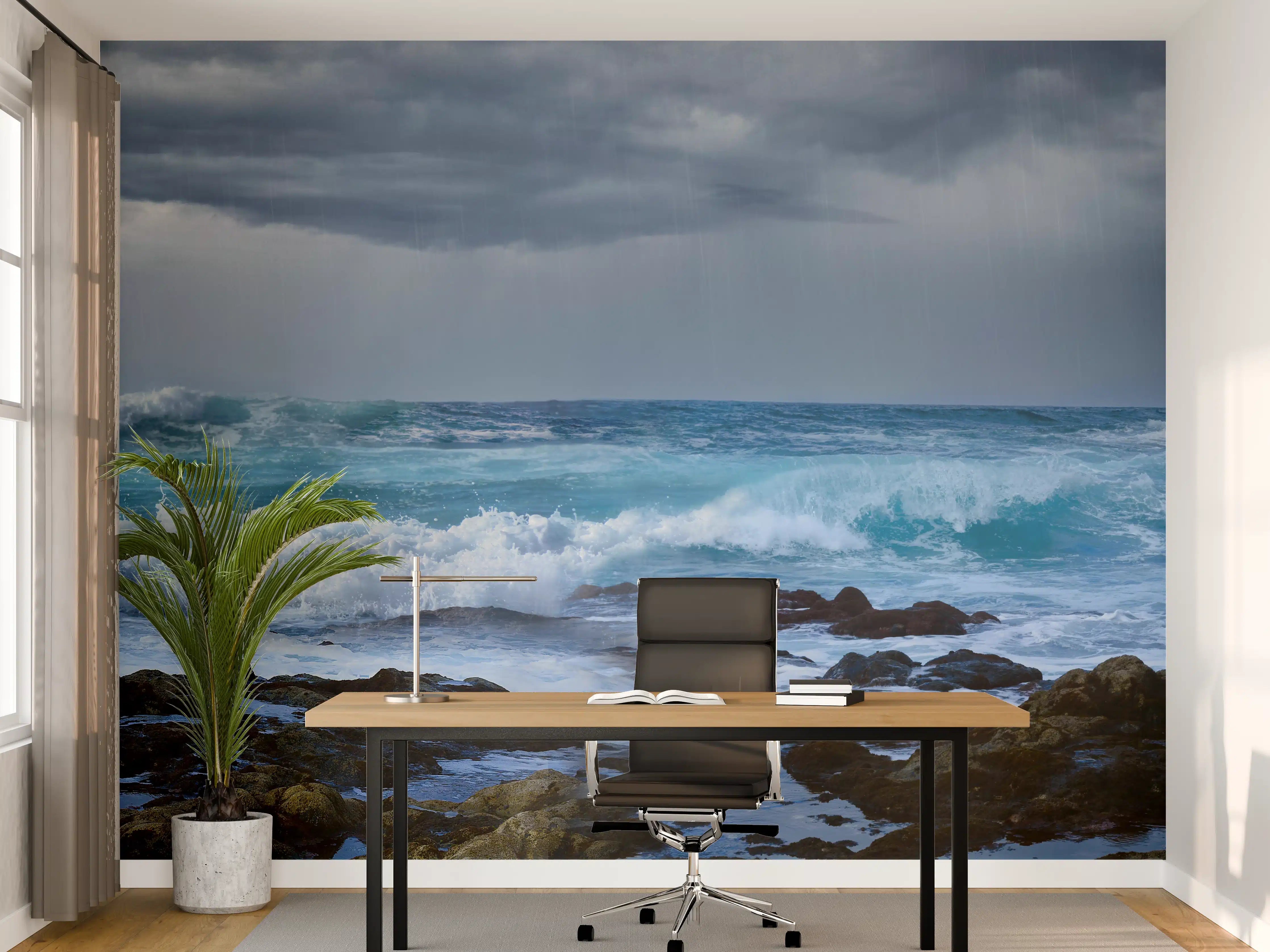 Büro Wandgestaltung - Meeresküste mit dunklen Regenwolken und stürmischer See