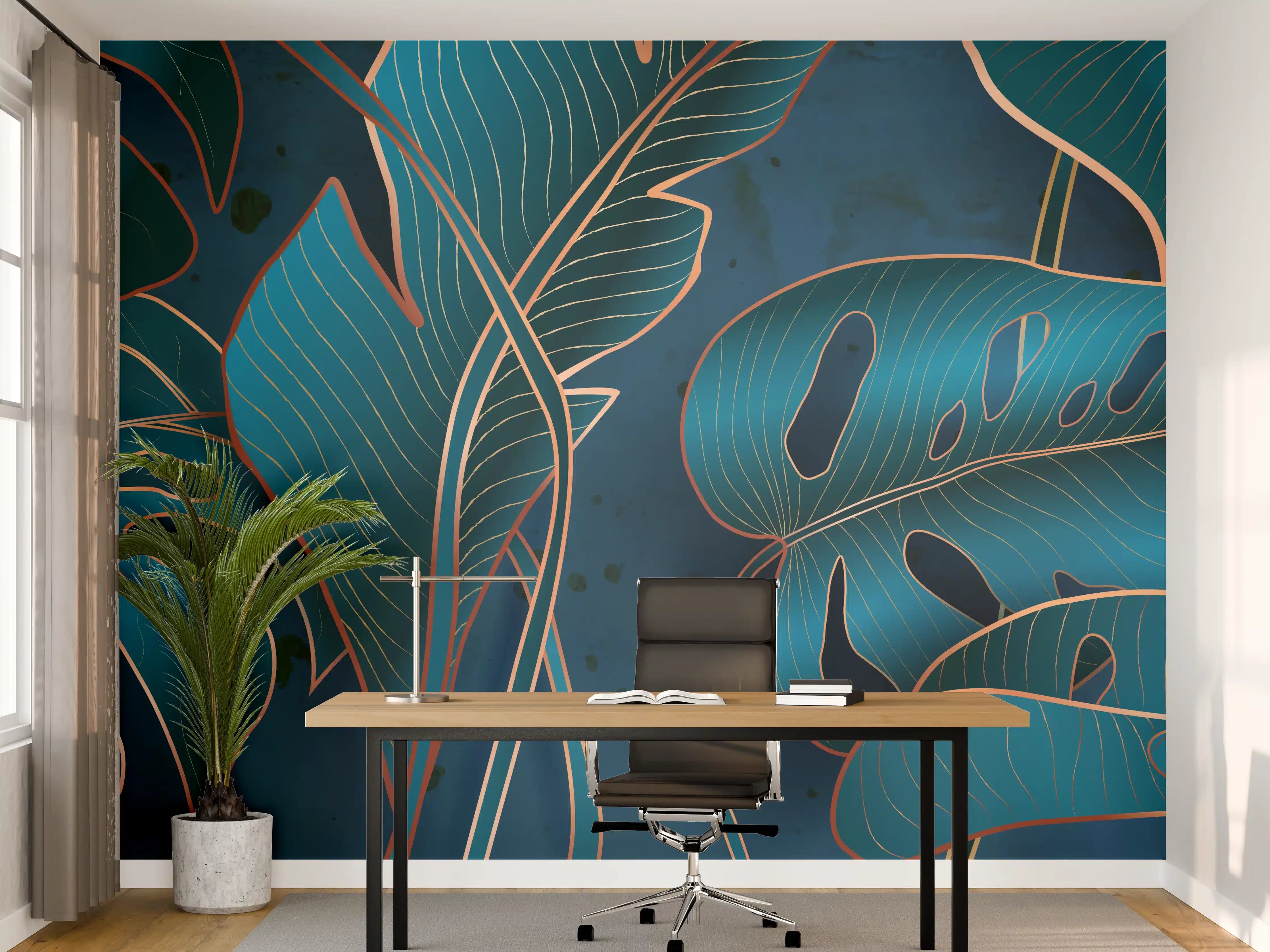 Büro Wandgestaltung - Metallisch-blaues Pflanzenmuster