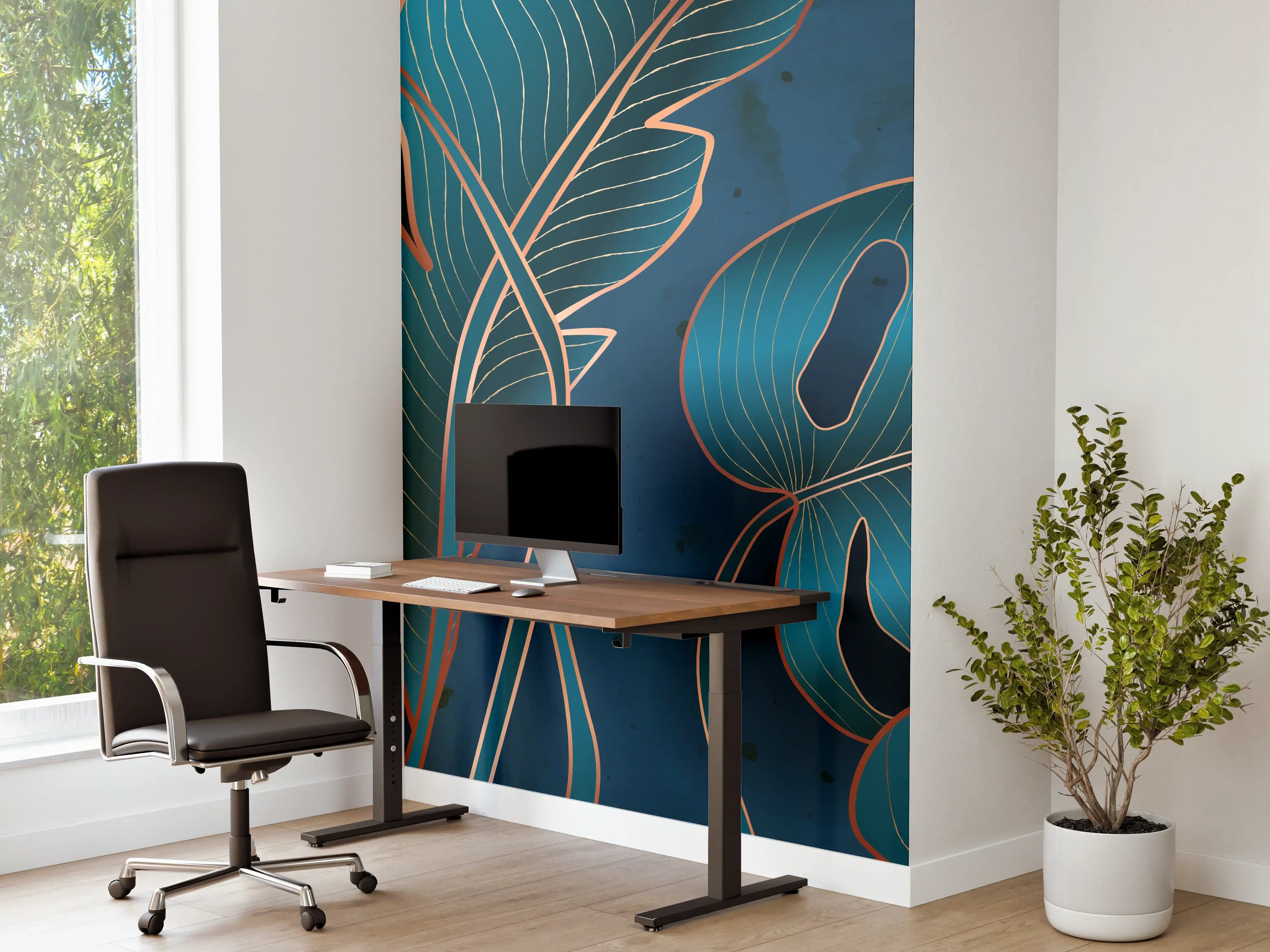 Büro Wandgestaltung - Metallisch-blaues Pflanzenmuster