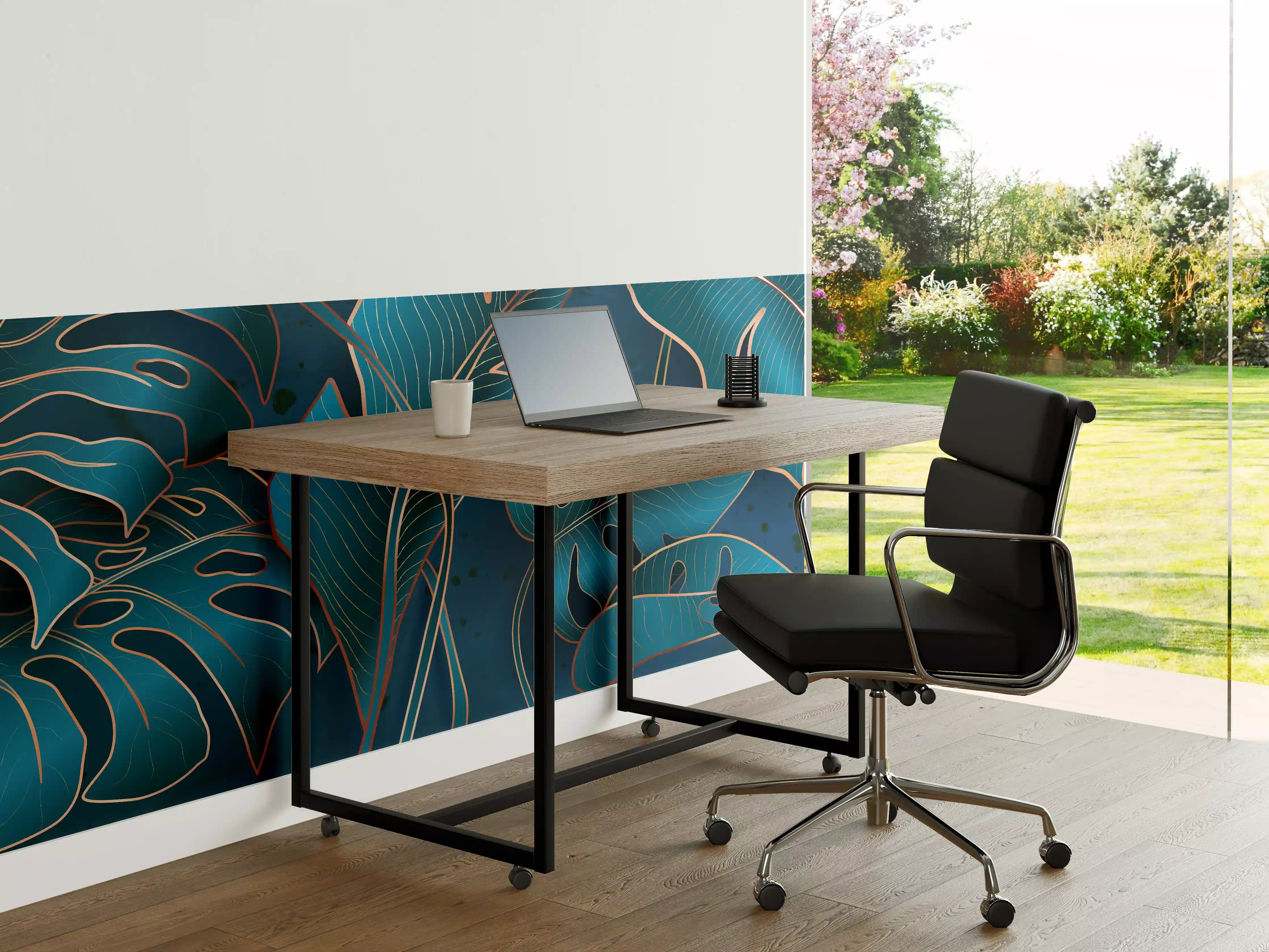 Büro Wandgestaltung - Metallisch-blaues Pflanzenmuster