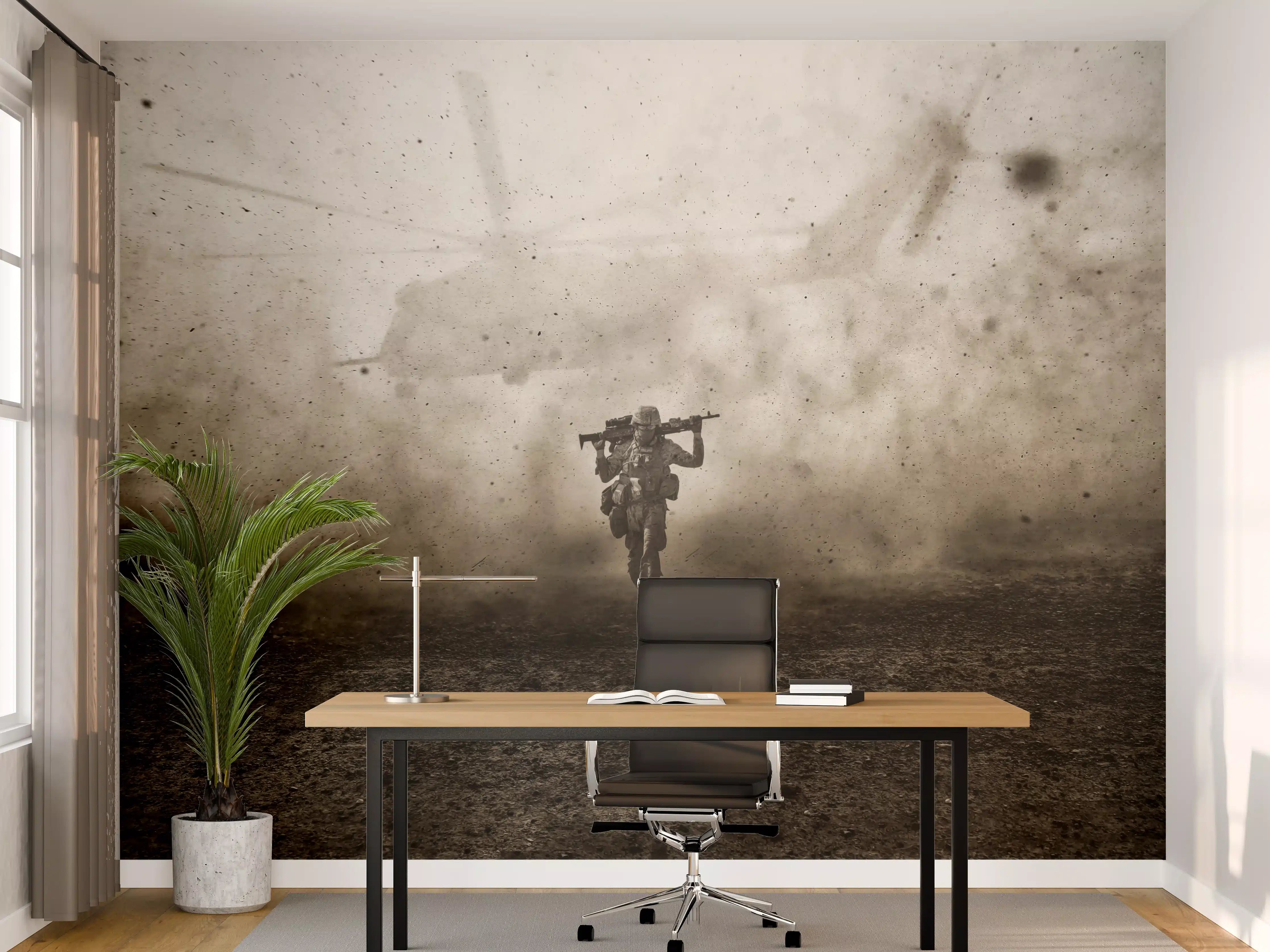 Büro Wandgestaltung - Militärsoldat und Hubschrauber zwischen Sturm und Staub