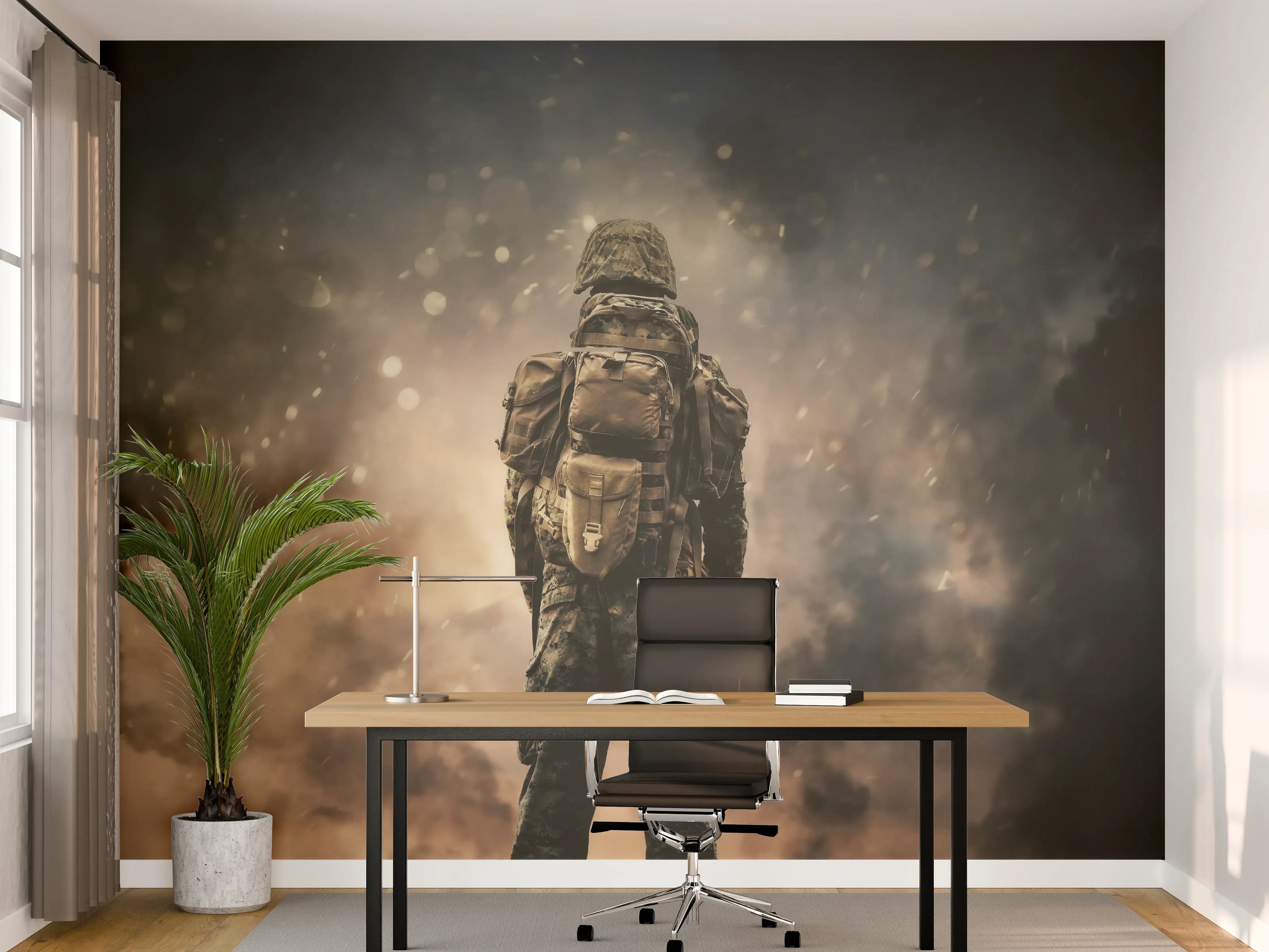 Büro Wandgestaltung - Militärsoldat zwischen Rauch und Staub