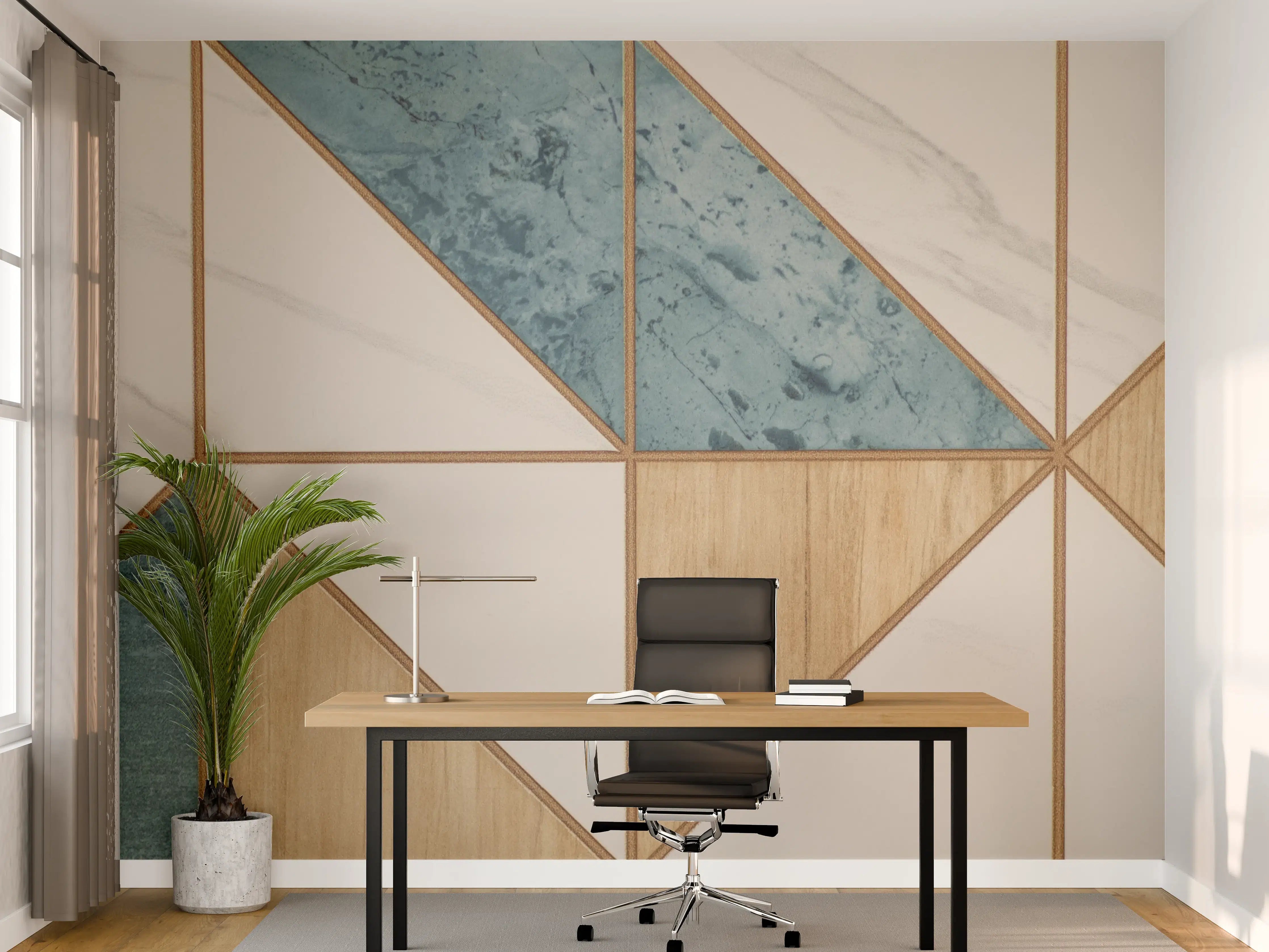 Büro Wandgestaltung - Moderne Geometrie-Fliesen in Holz-, Blau- und Weißtönen
