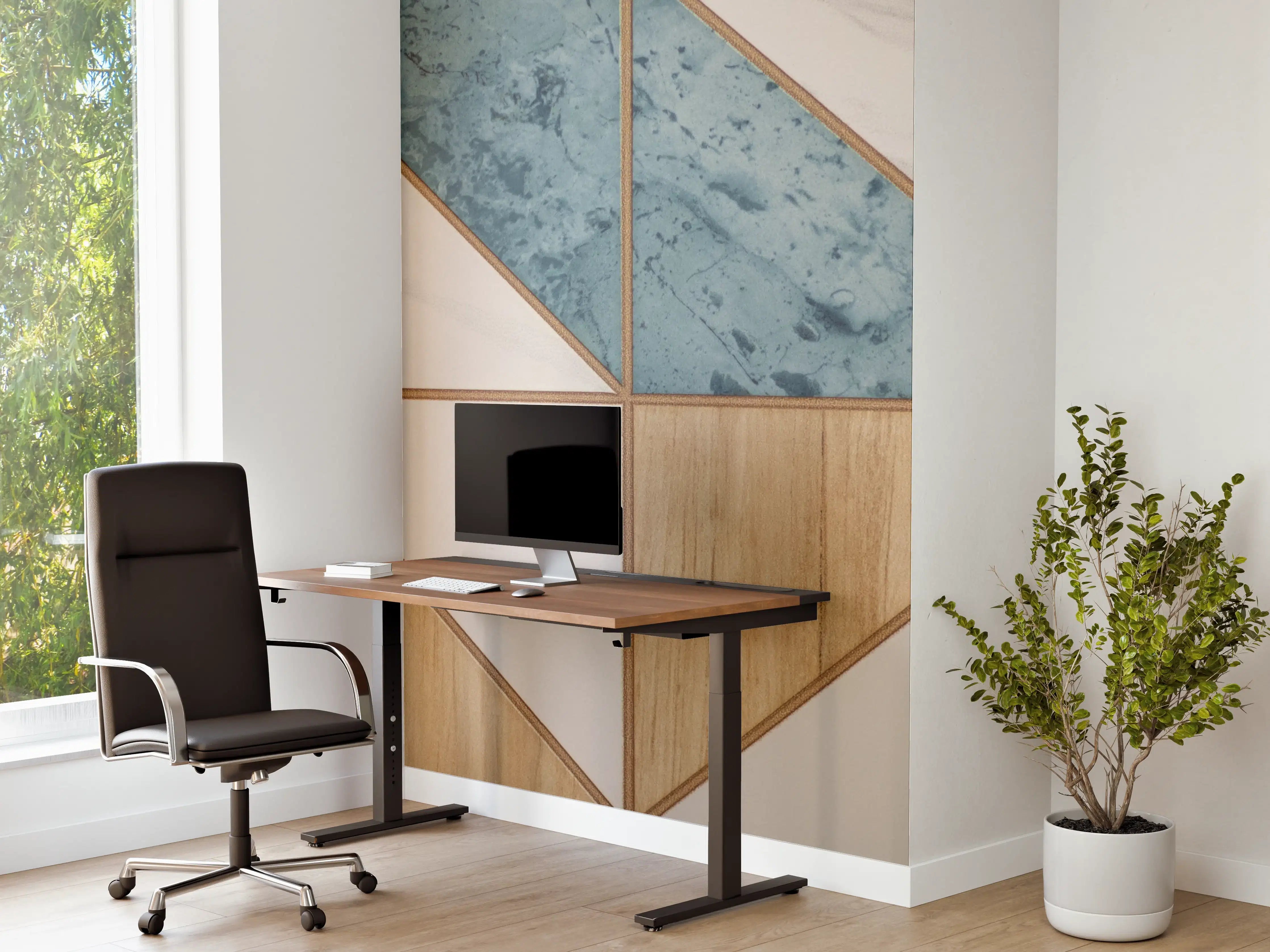 Büro Wandgestaltung - Moderne Geometrie-Fliesen in Holz-, Blau- und Weißtönen