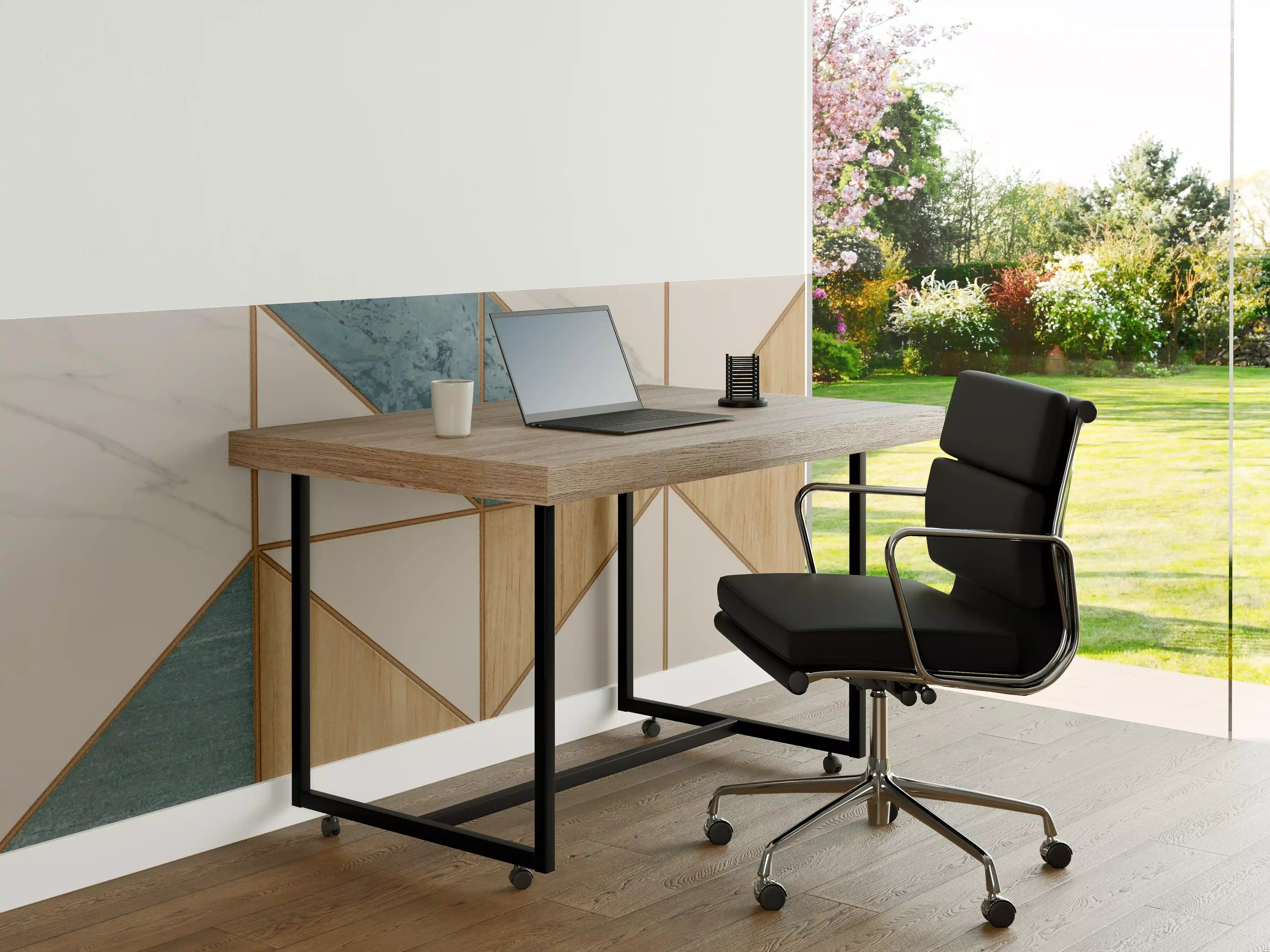 Büro Wandgestaltung - Moderne Geometrie-Fliesen in Holz-, Blau- und Weißtönen