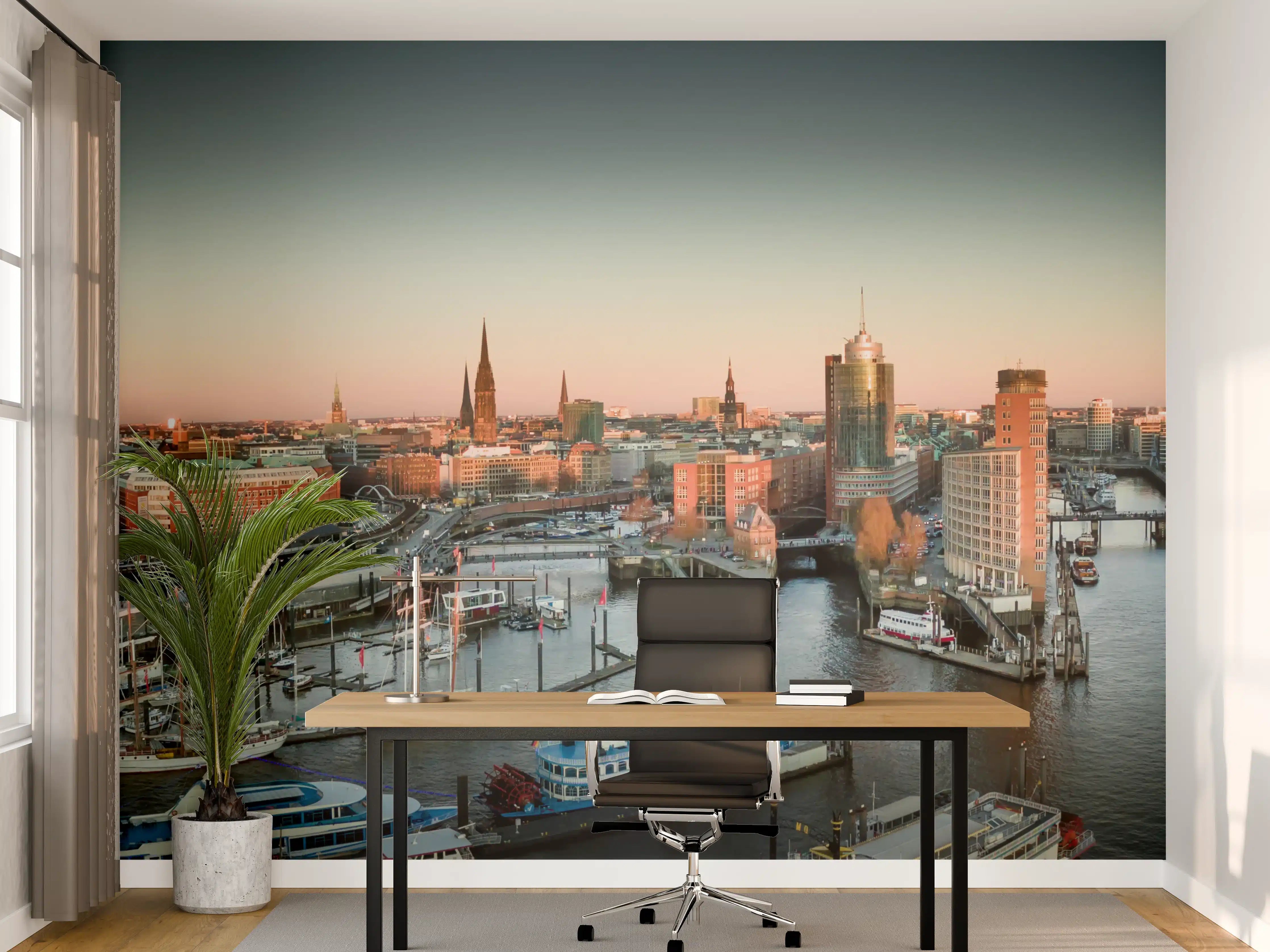Büro Wandgestaltung - Moderne Hafenstadt bei Sonnenuntergang