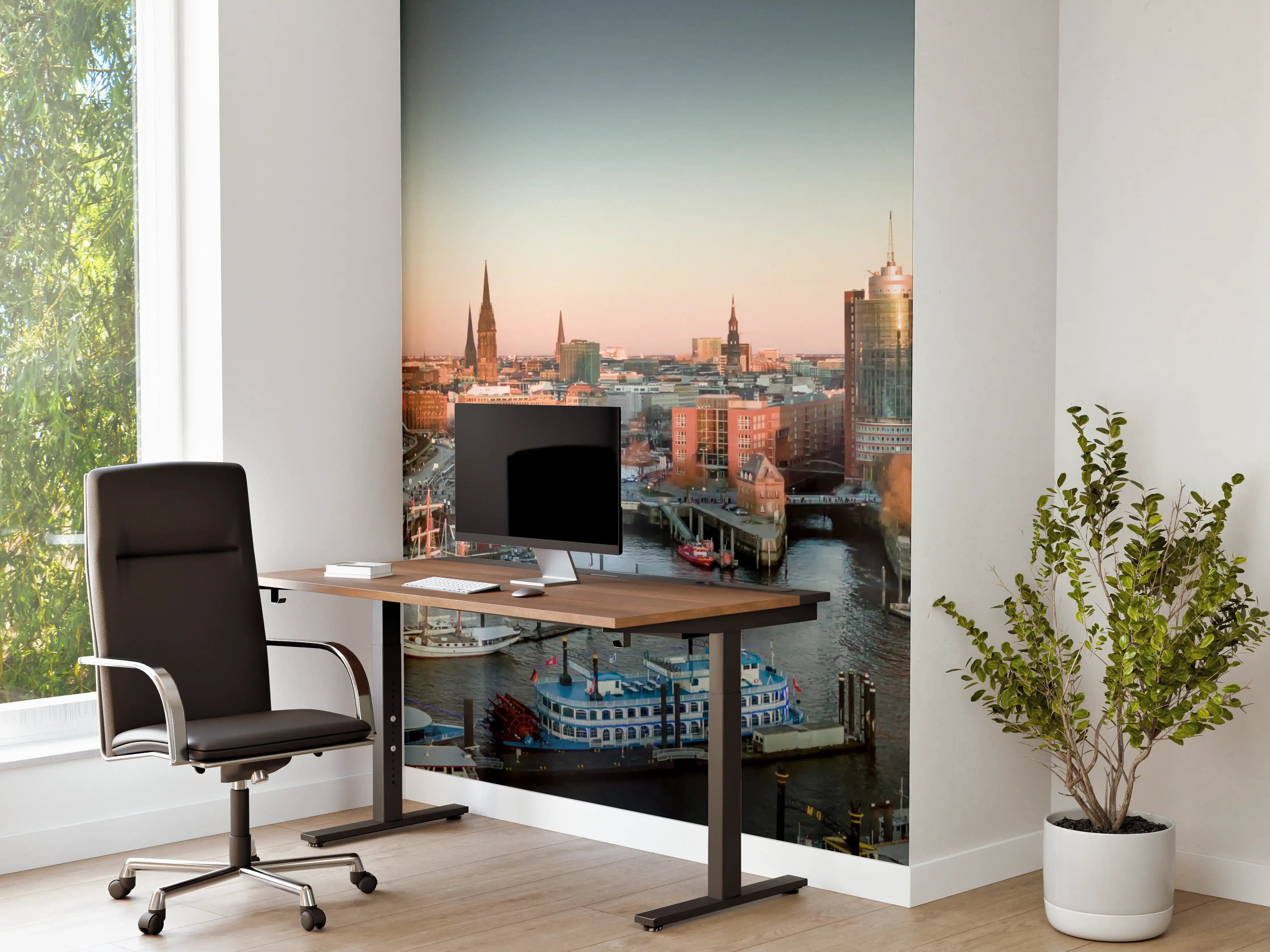 Büro Wandgestaltung - Moderne Hafenstadt bei Sonnenuntergang