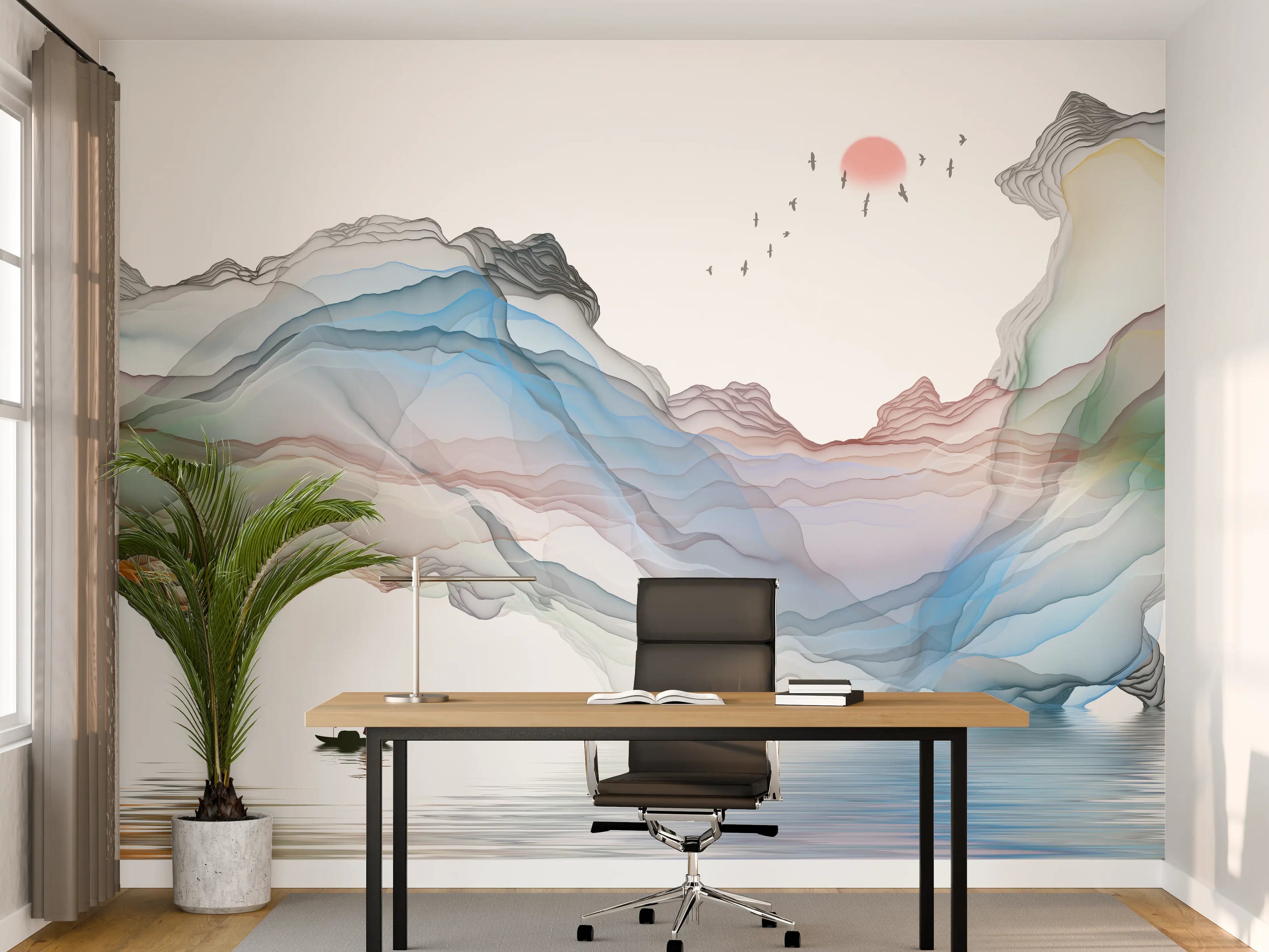 Büro Wandgestaltung - Modernes Wasserfarben Gemälde Boot Vögel See