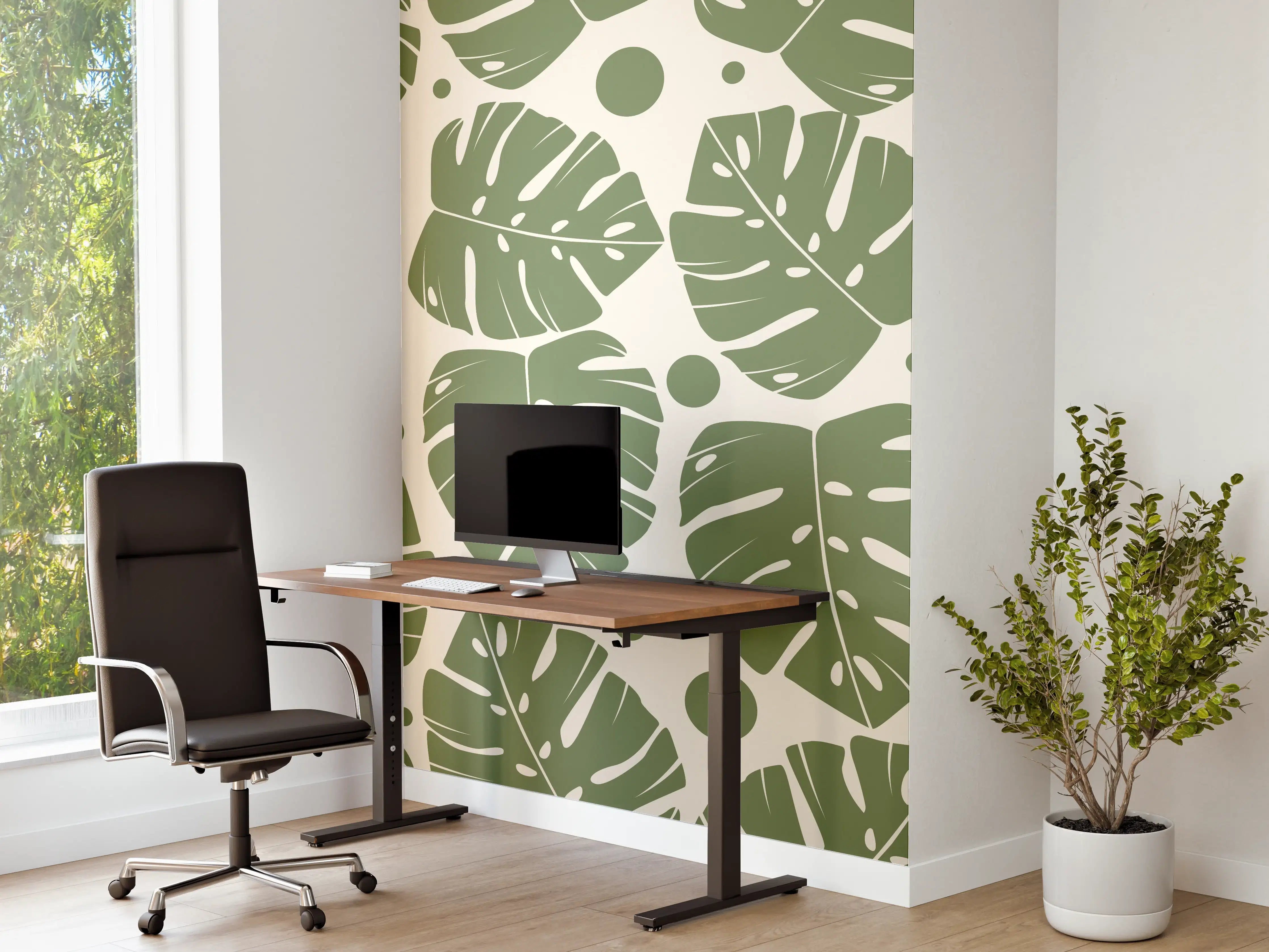Büro Wandgestaltung - Monstera-Blätter Cremegrün