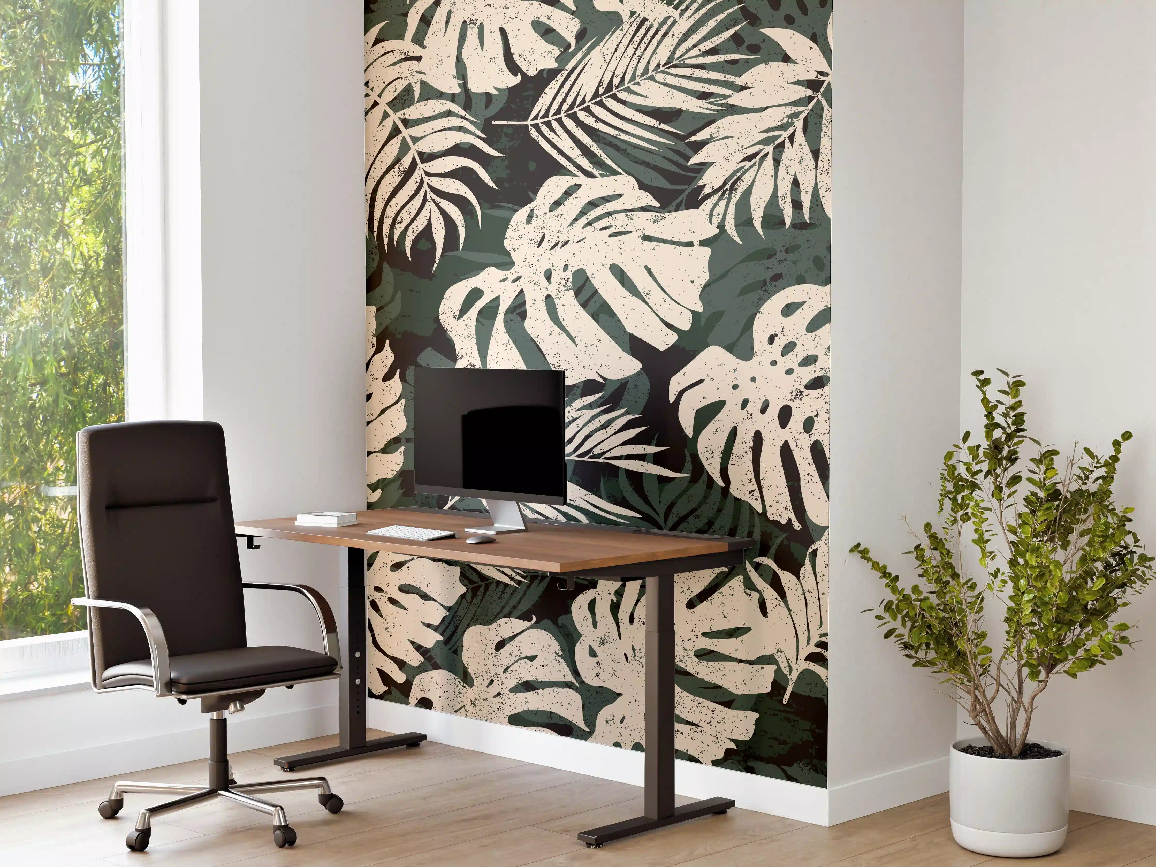 Büro Wandgestaltung - Monstera Blattmuster Grün-Beige