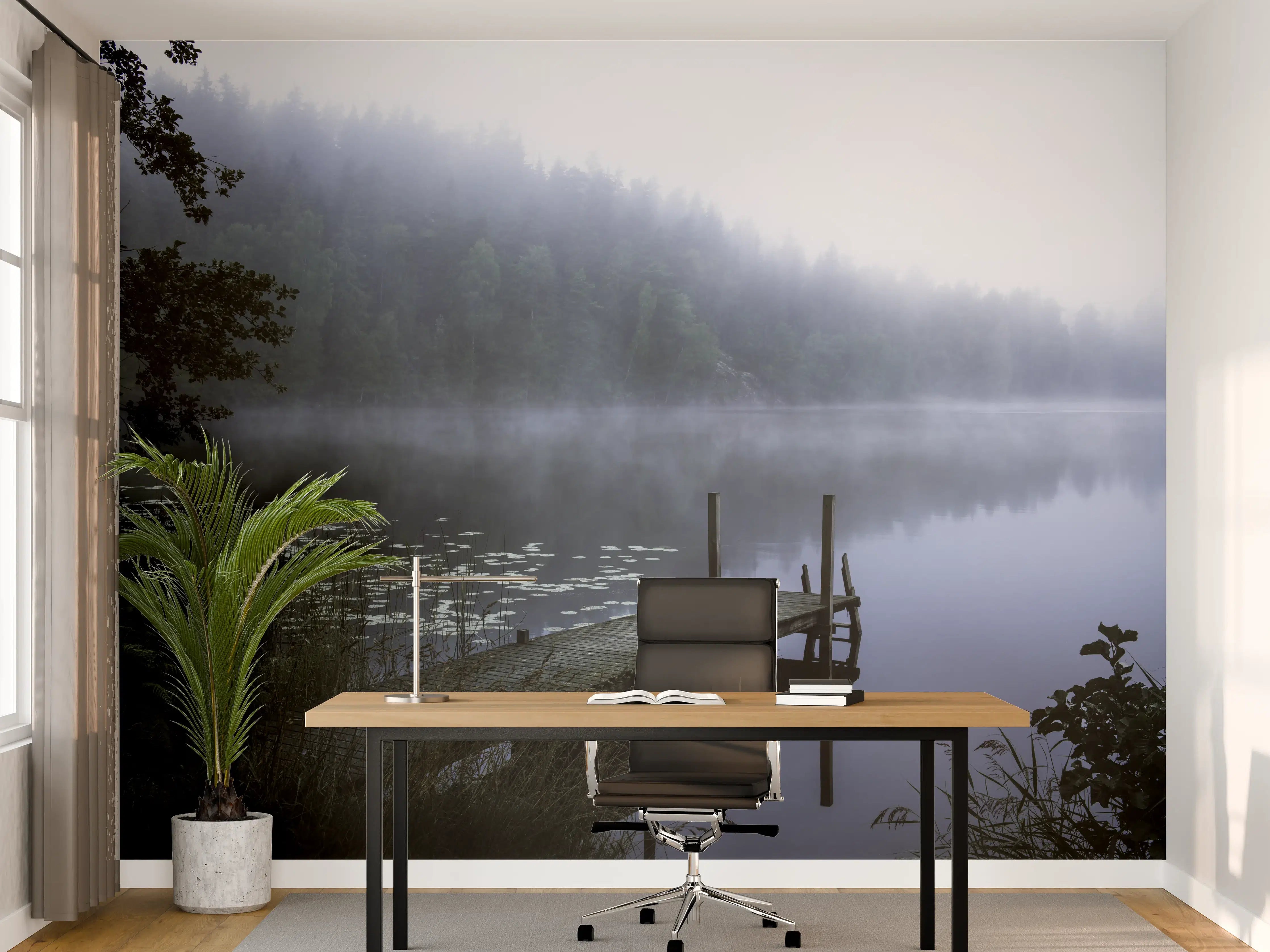 Büro Wandgestaltung - Mystischer See mit Holzsteg im Nebel