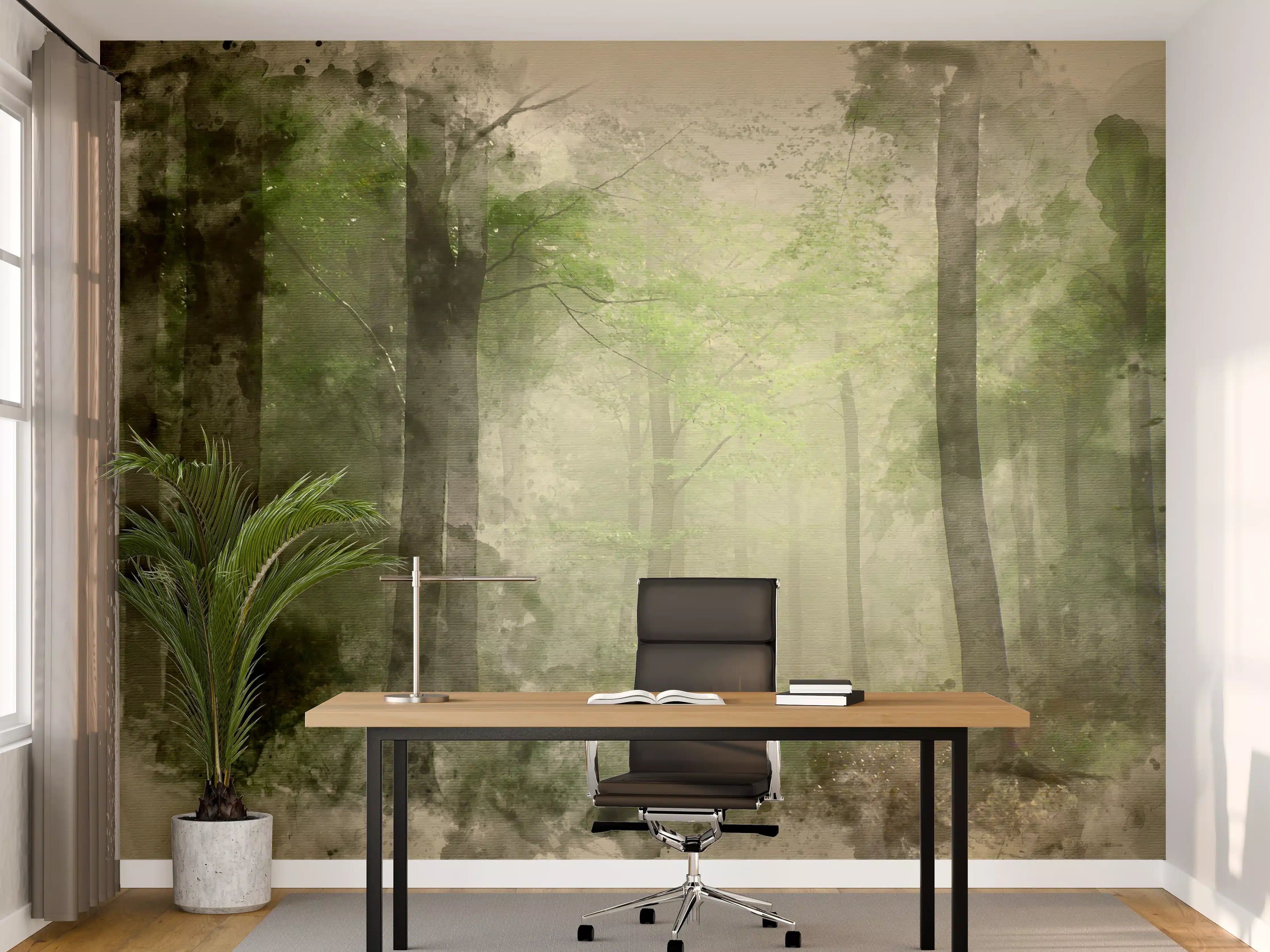 Büro Wandgestaltung - Mystischer Waldnebel mit grünen Akzenten