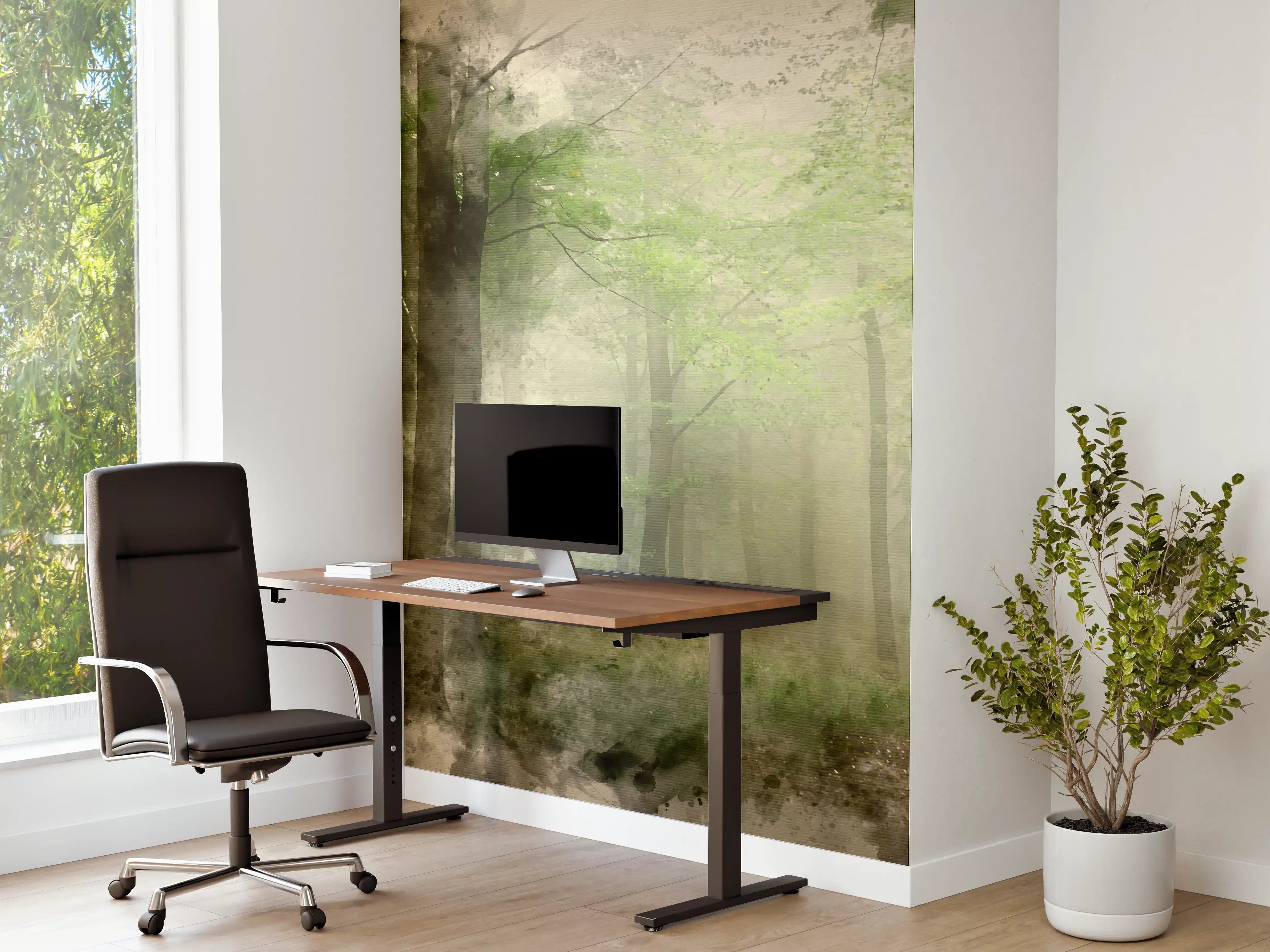 Büro Wandgestaltung - Mystischer Waldnebel mit grünen Akzenten