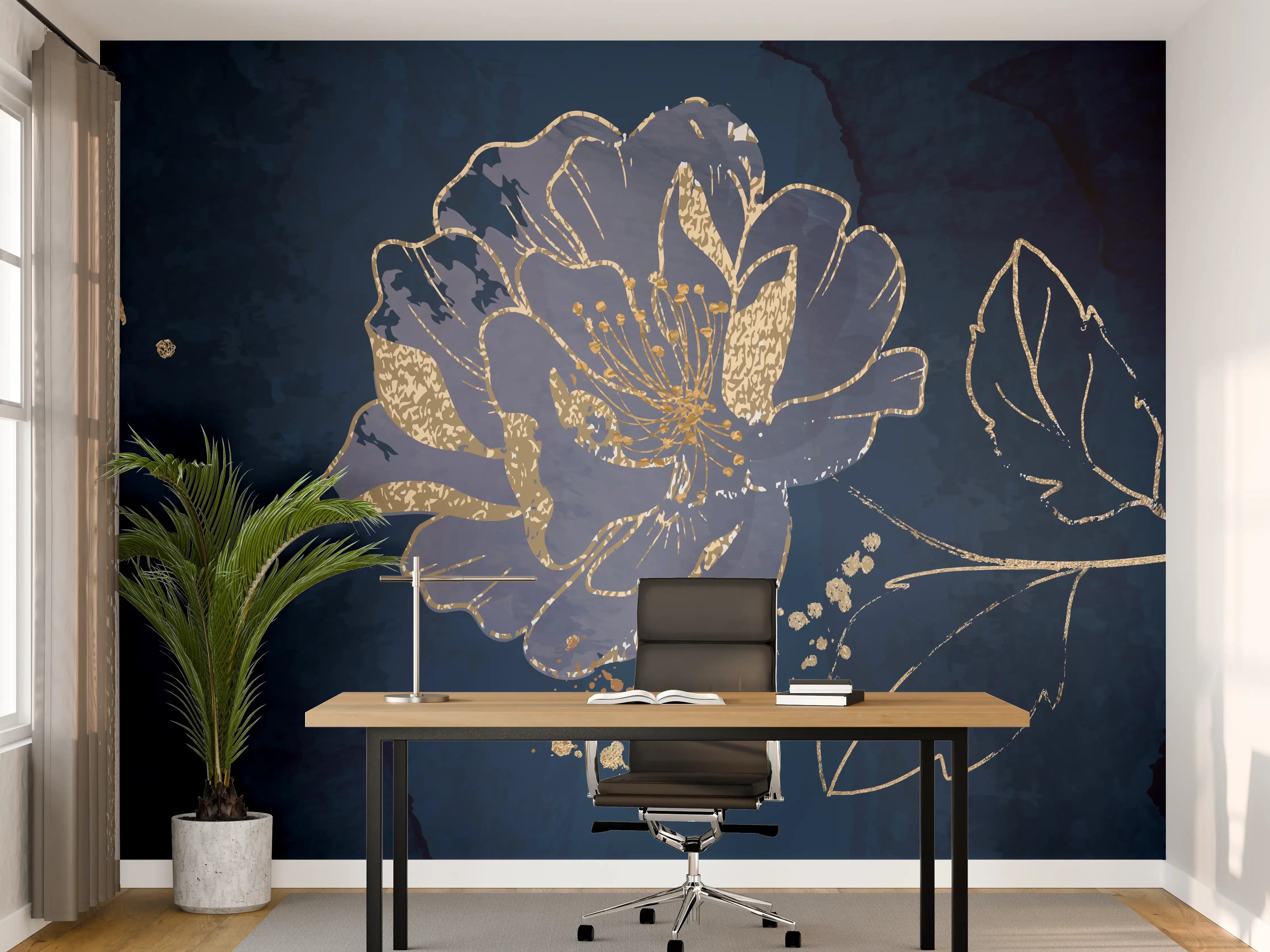 Büro Wandgestaltung - Nachtblaue Blumen Goldakzente