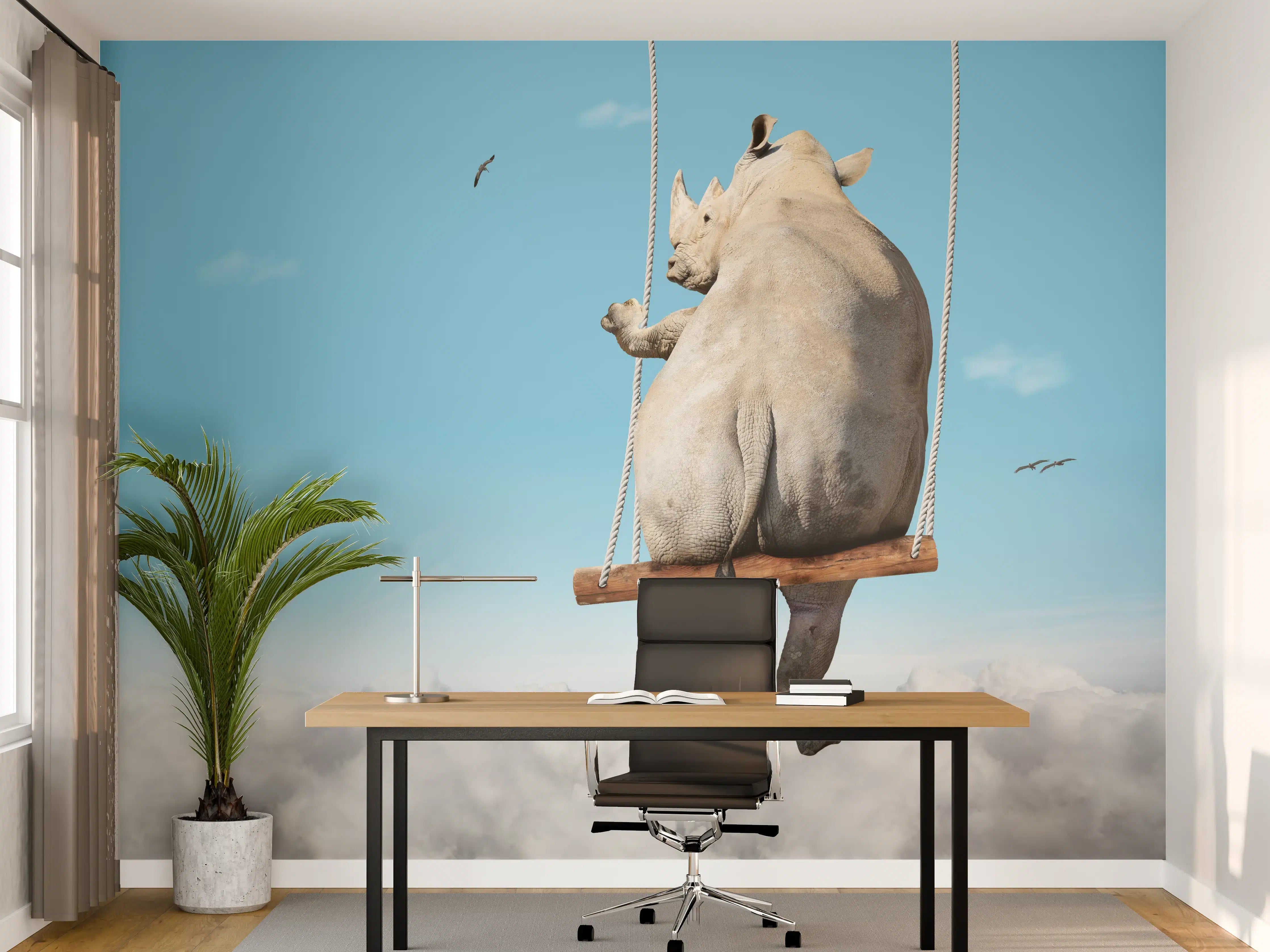 Büro Wandgestaltung - Nashorn schaukelt über den Wolken