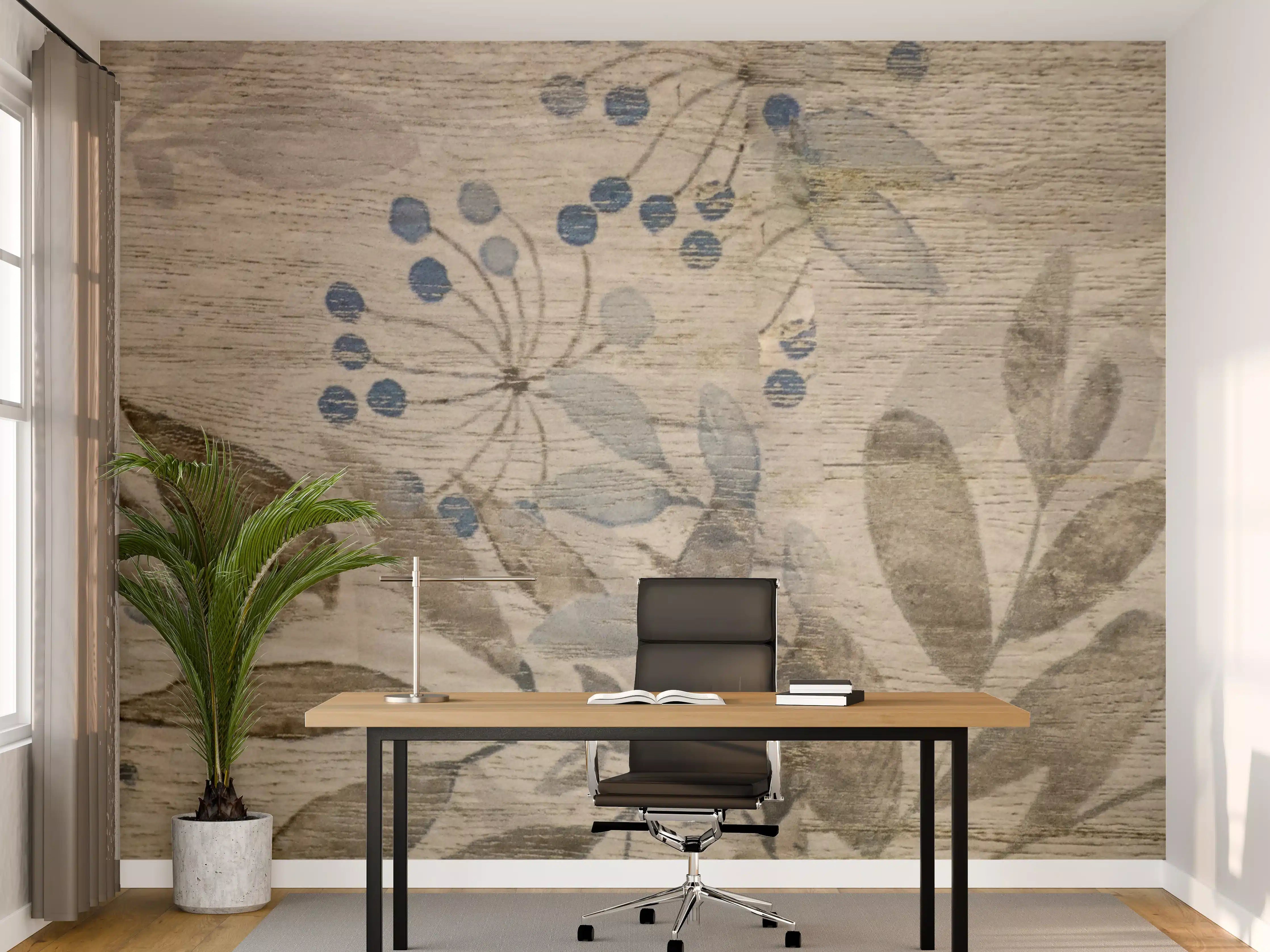 Büro Wandgestaltung - Natürliche Holzoptik mit floralem Muster