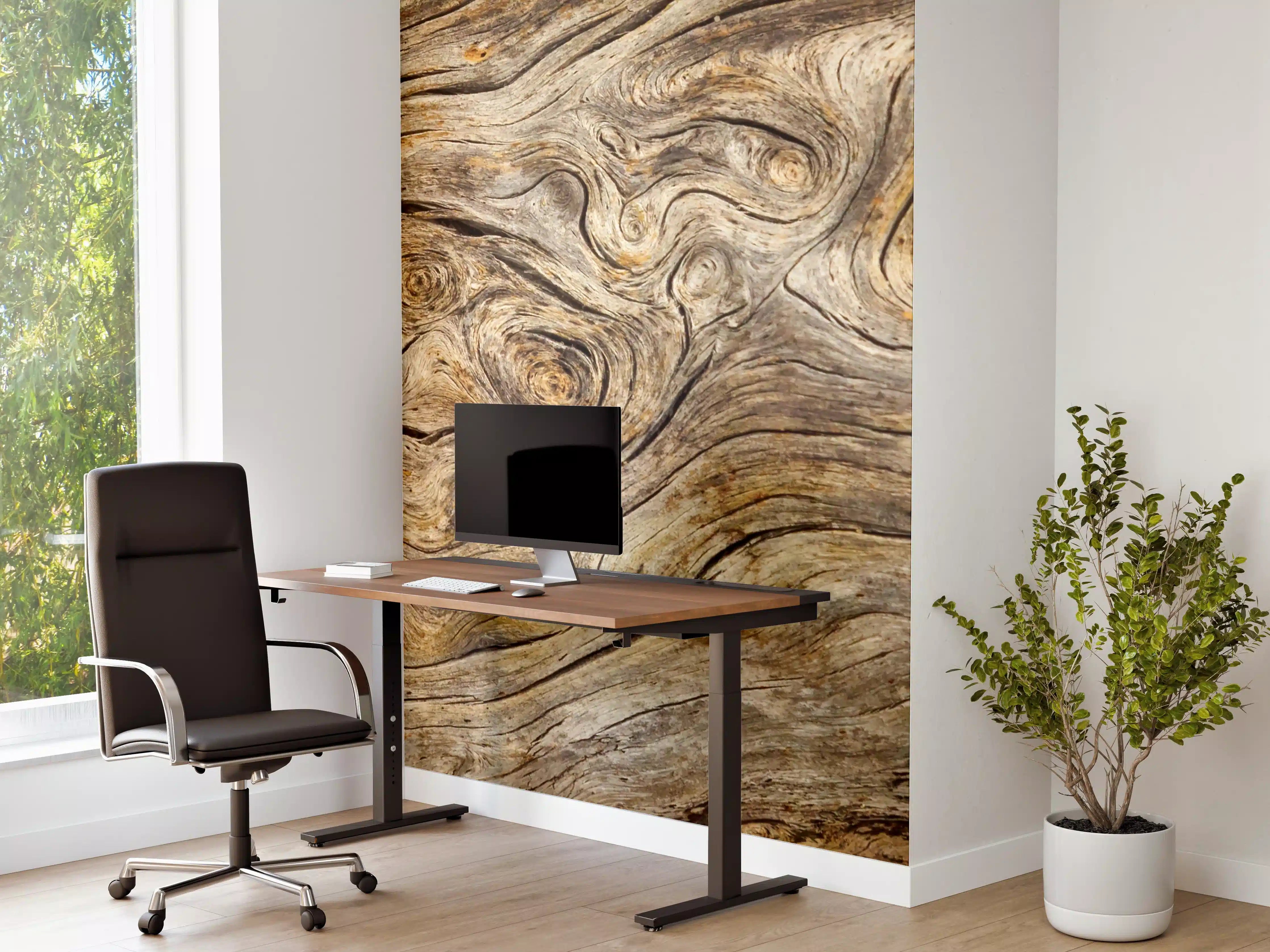 Büro Wandgestaltung - Naturholz-Texture in warmen Braun- und Grautönen