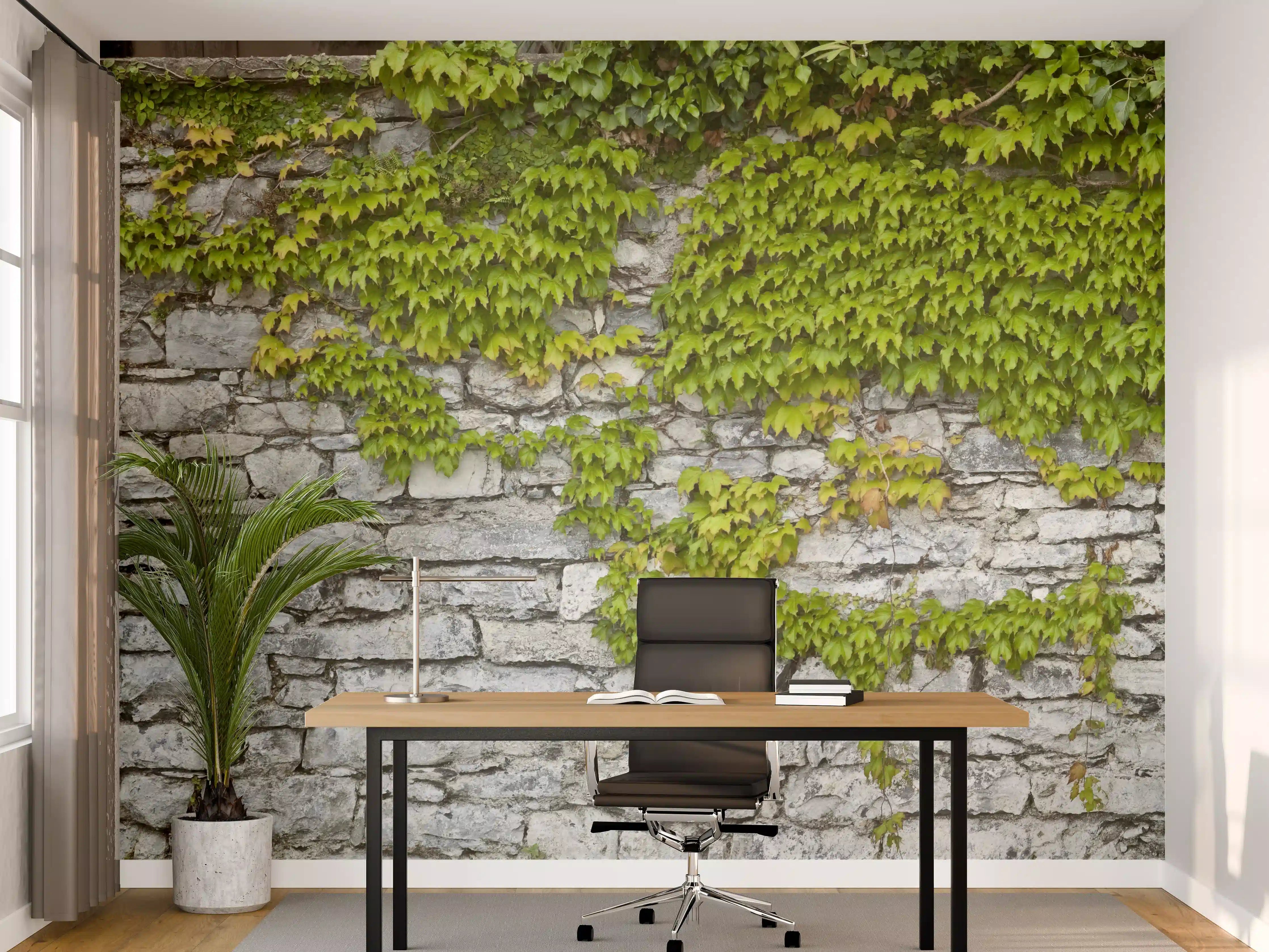 Büro Wandgestaltung - Natursteinmauer mit Weinlaub