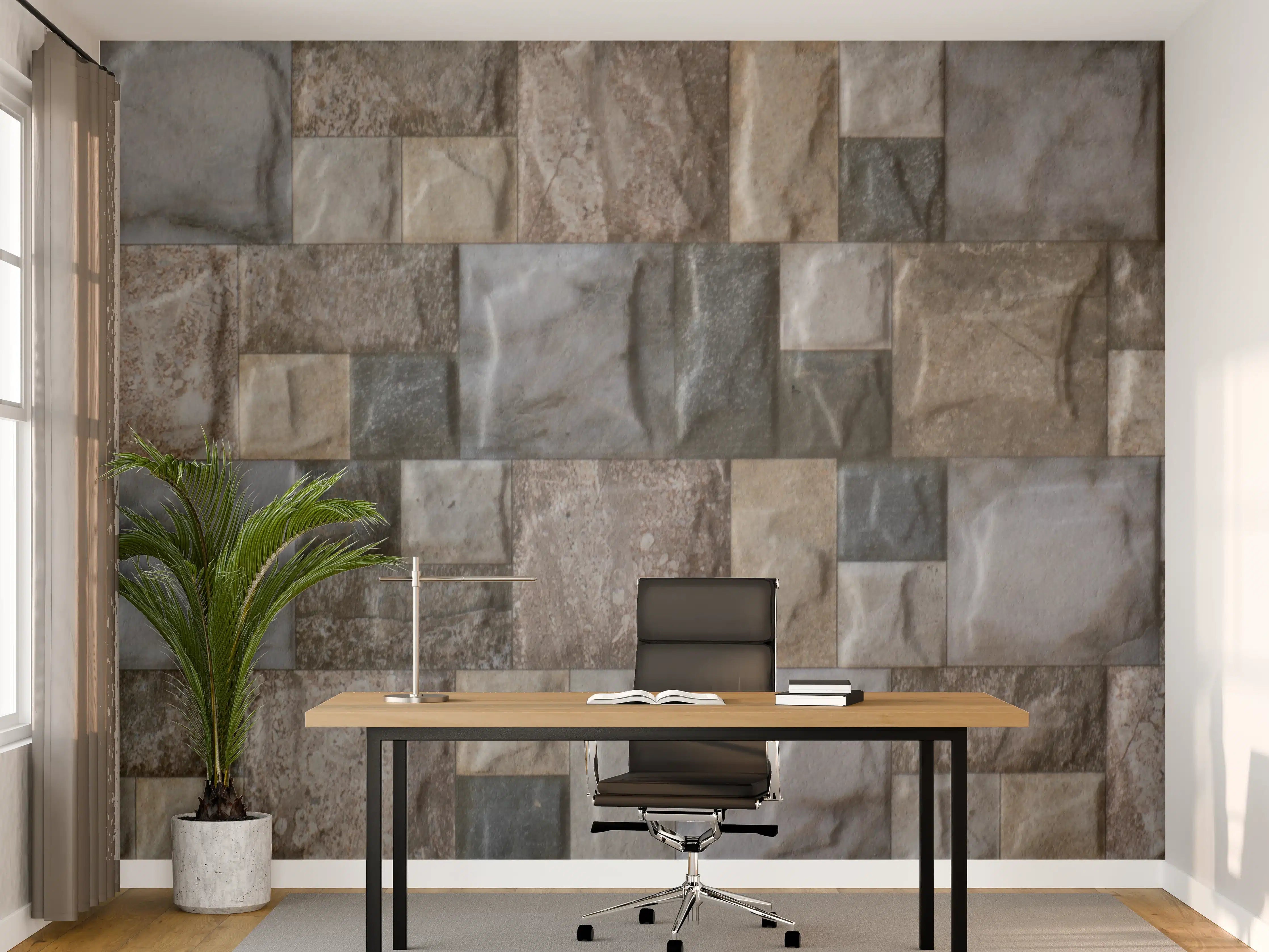 Büro Wandgestaltung - Natursteinmauer mit grauen und beigen Tönen