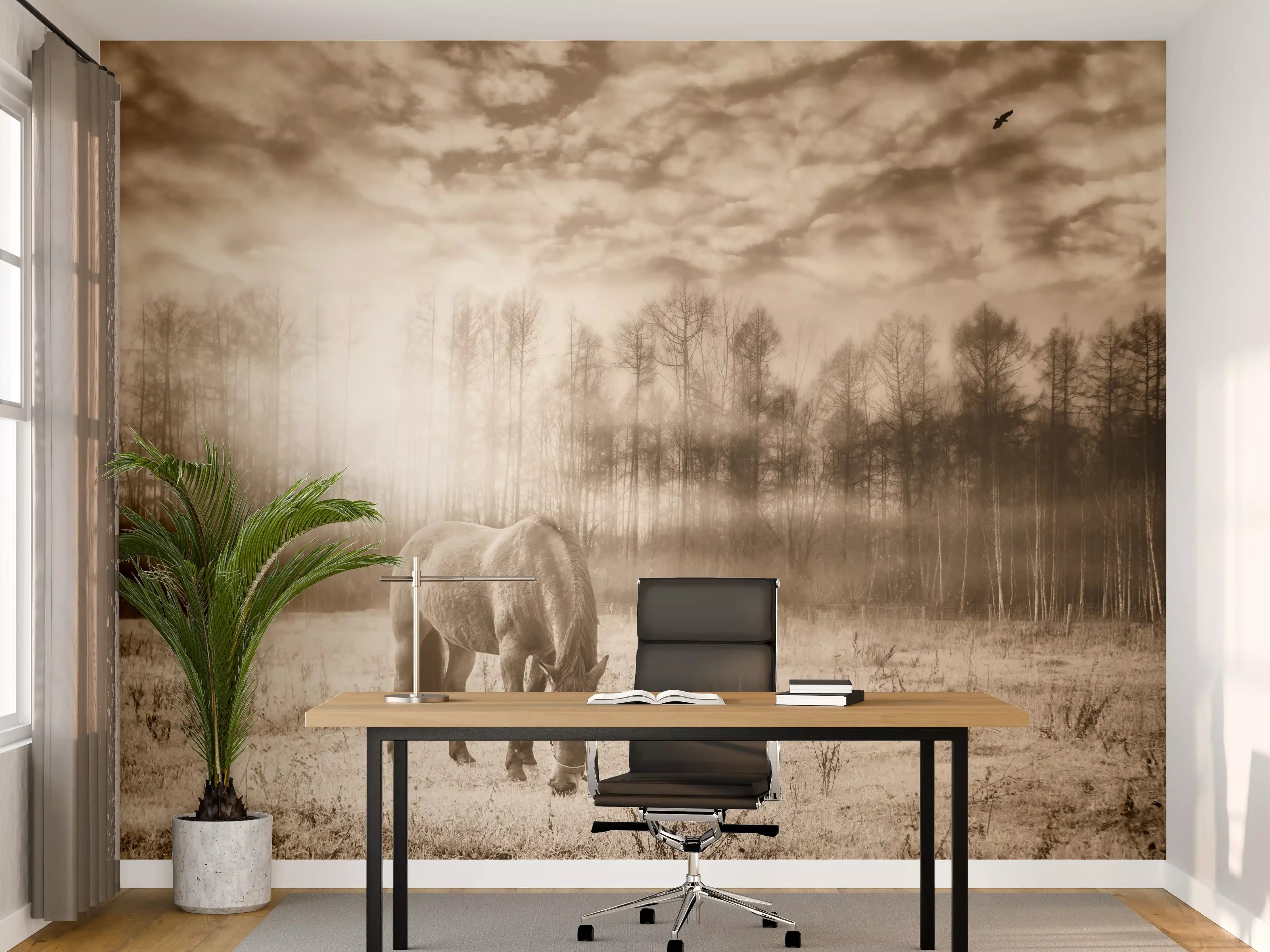 Büro Wandgestaltung - Nebelige Weide mit Pferd im Herbst