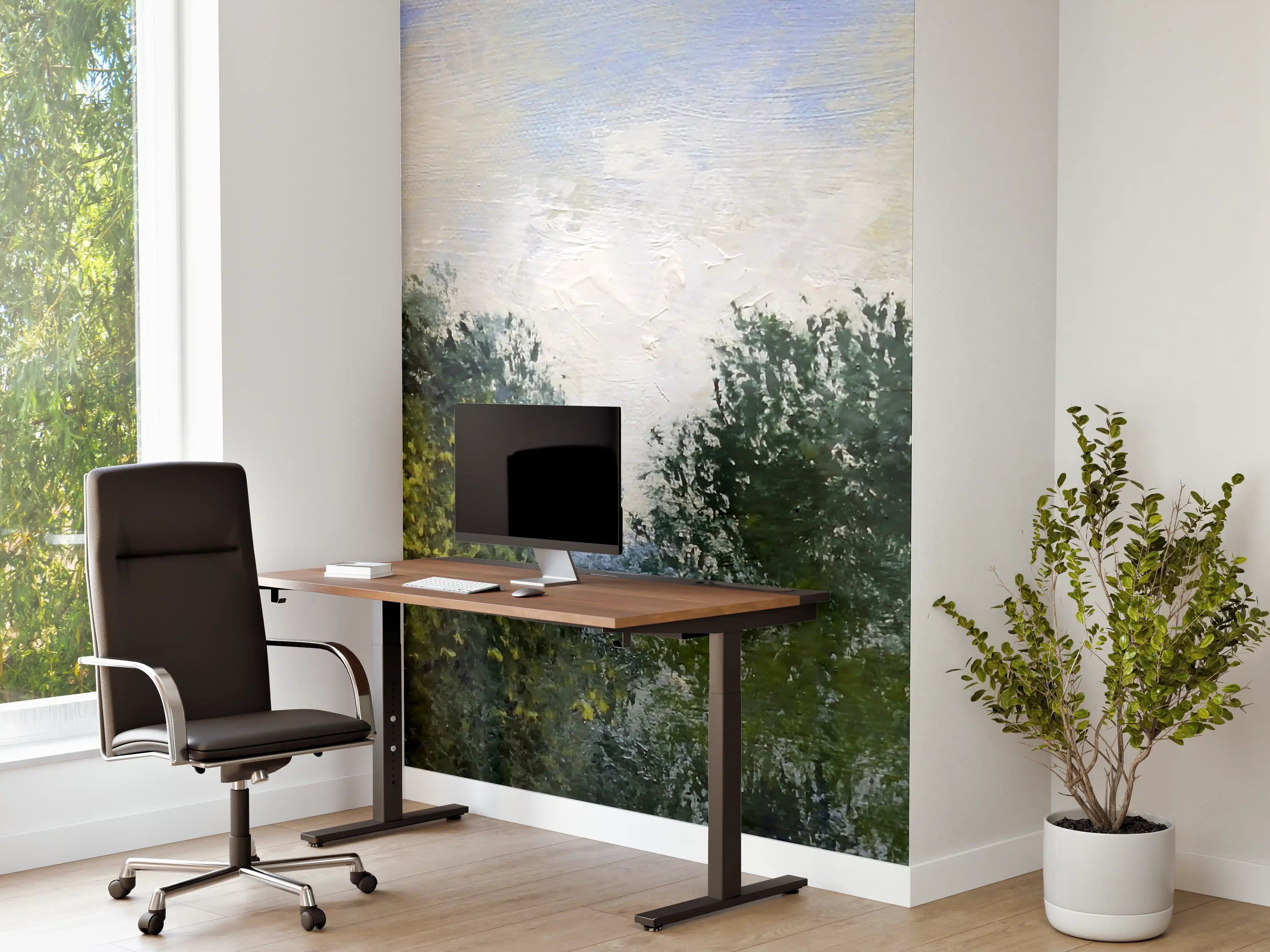 Büro Wandgestaltung - Nebelüberzogene Baumlandschaft in sanften Grüntönen