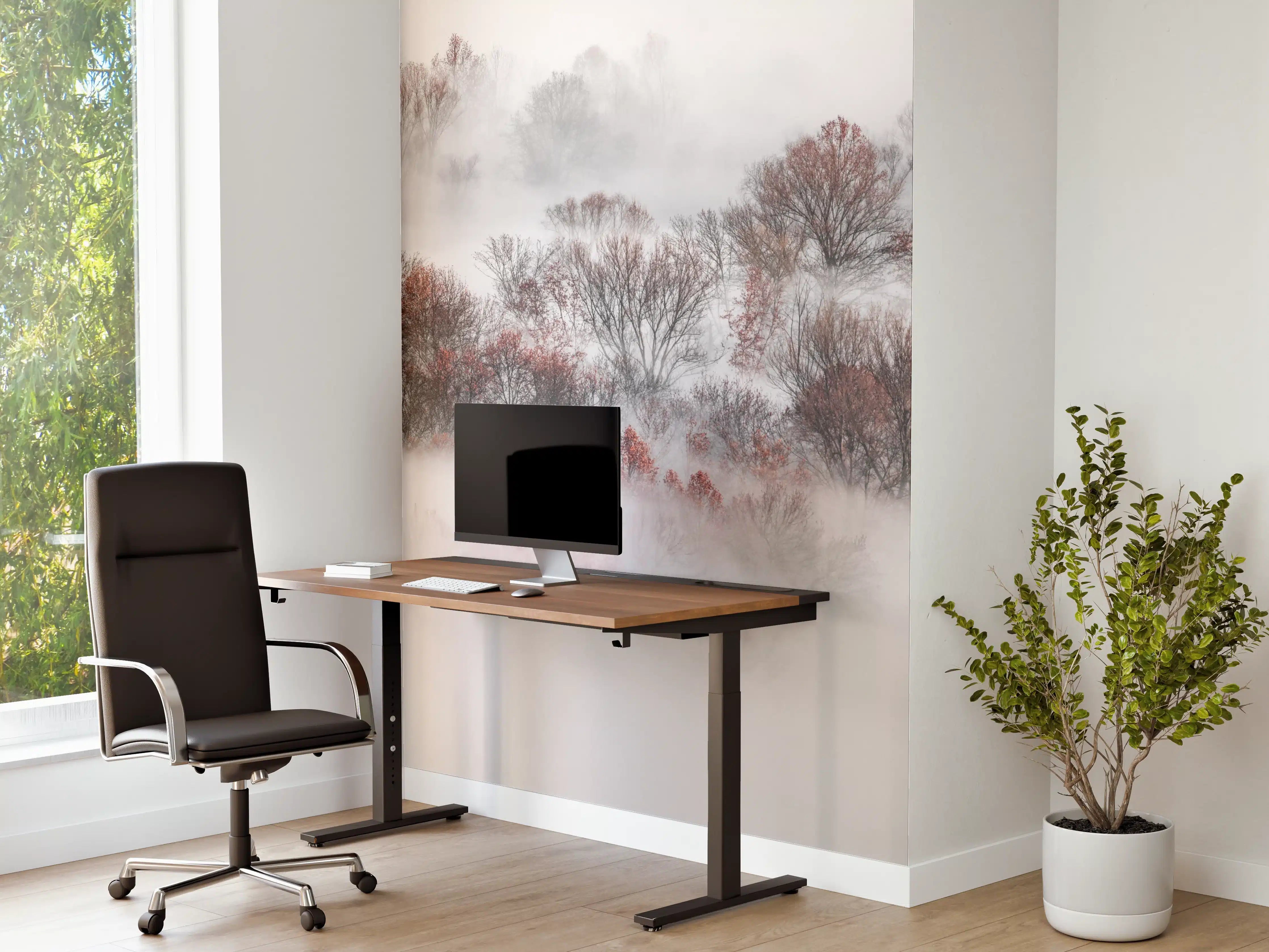 Büro Wandgestaltung - Nebelverhangener Wald in Weiß-Grau