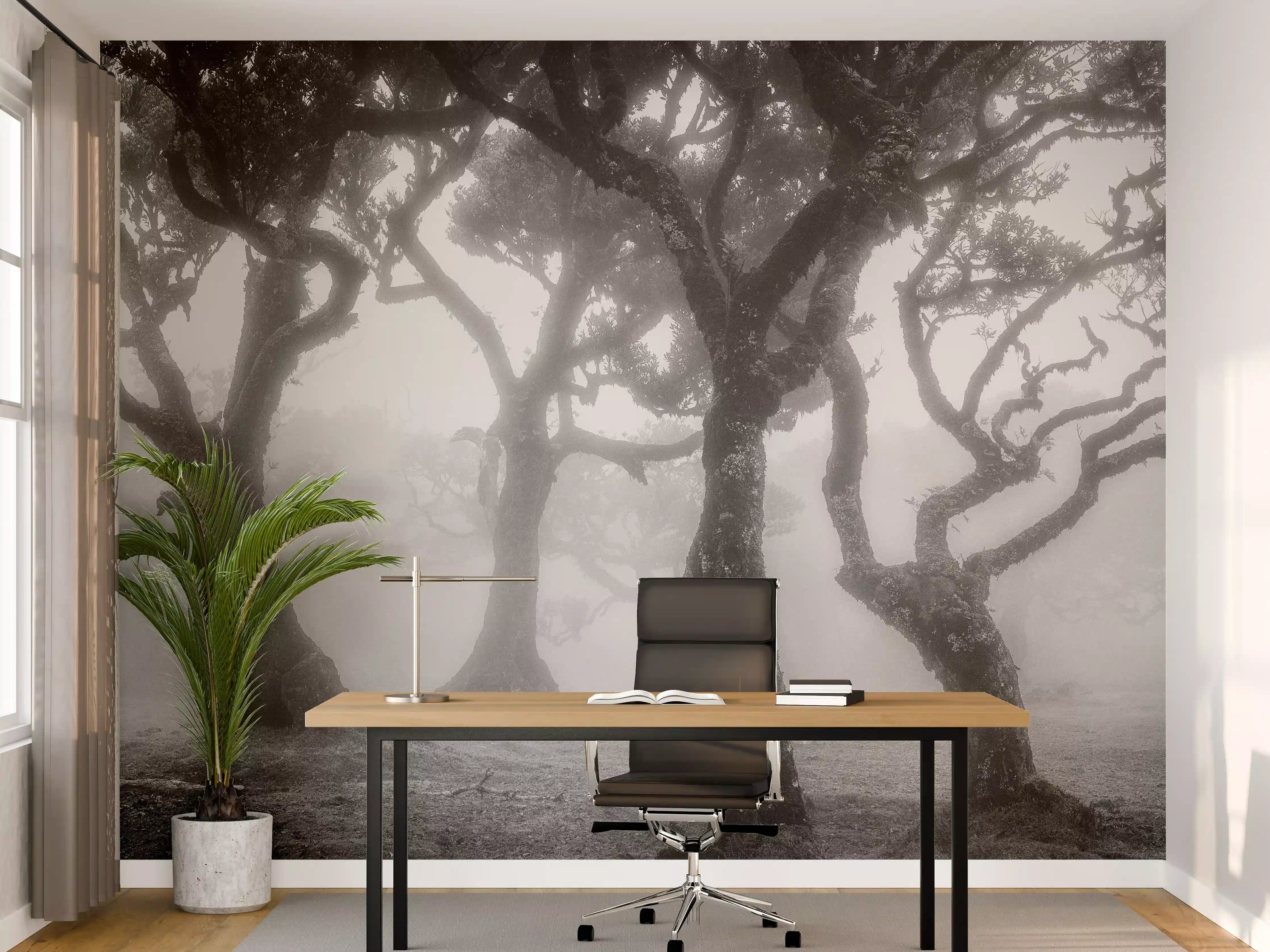 Büro Wandgestaltung - Nebelwald in Schwarz-Weiß