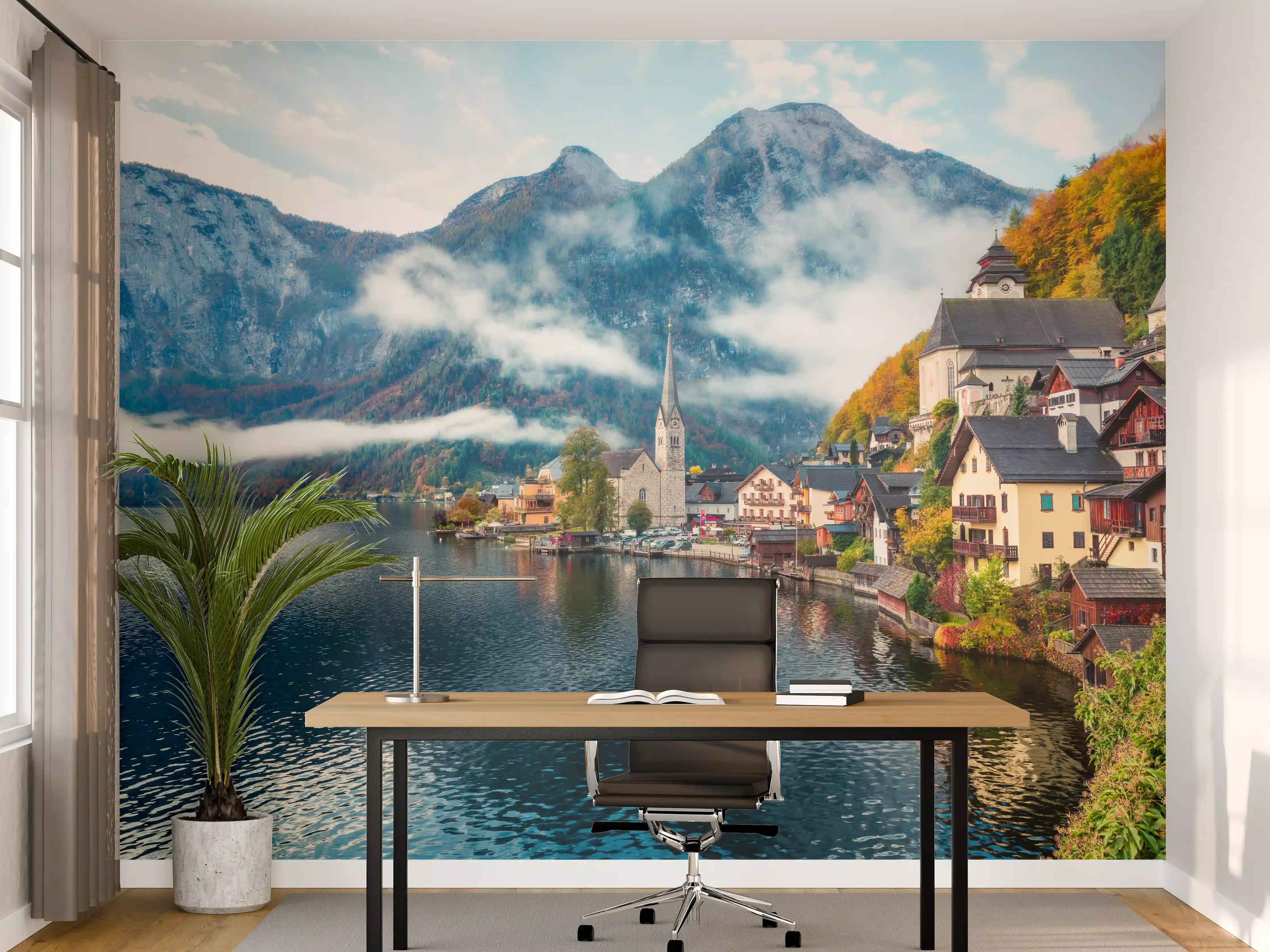 Büro Wandgestaltung - Neblige Herbstszene am Hallstätter See
