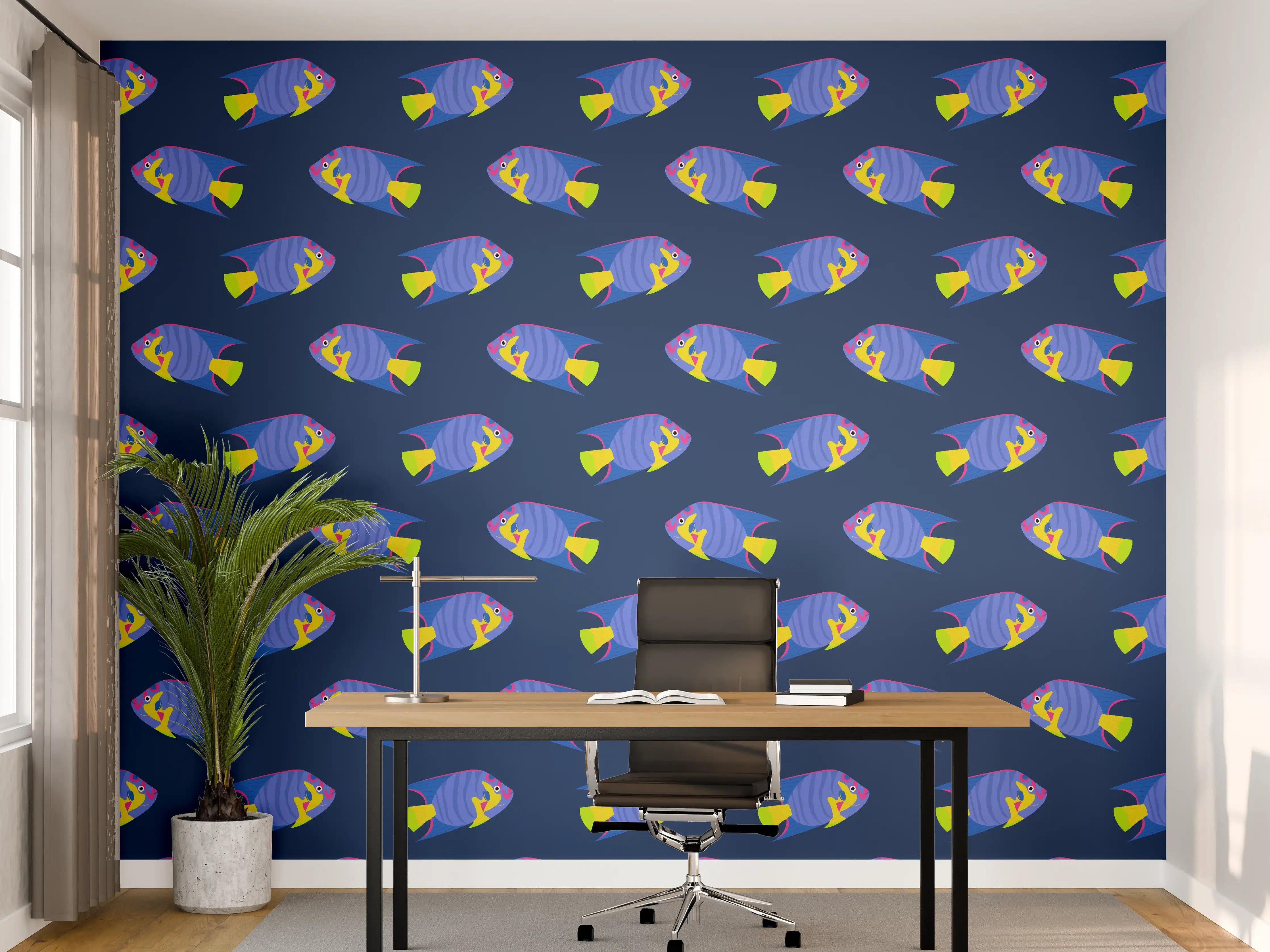 Büro Wandgestaltung - Neon-Fische Blau-Gelb Muster