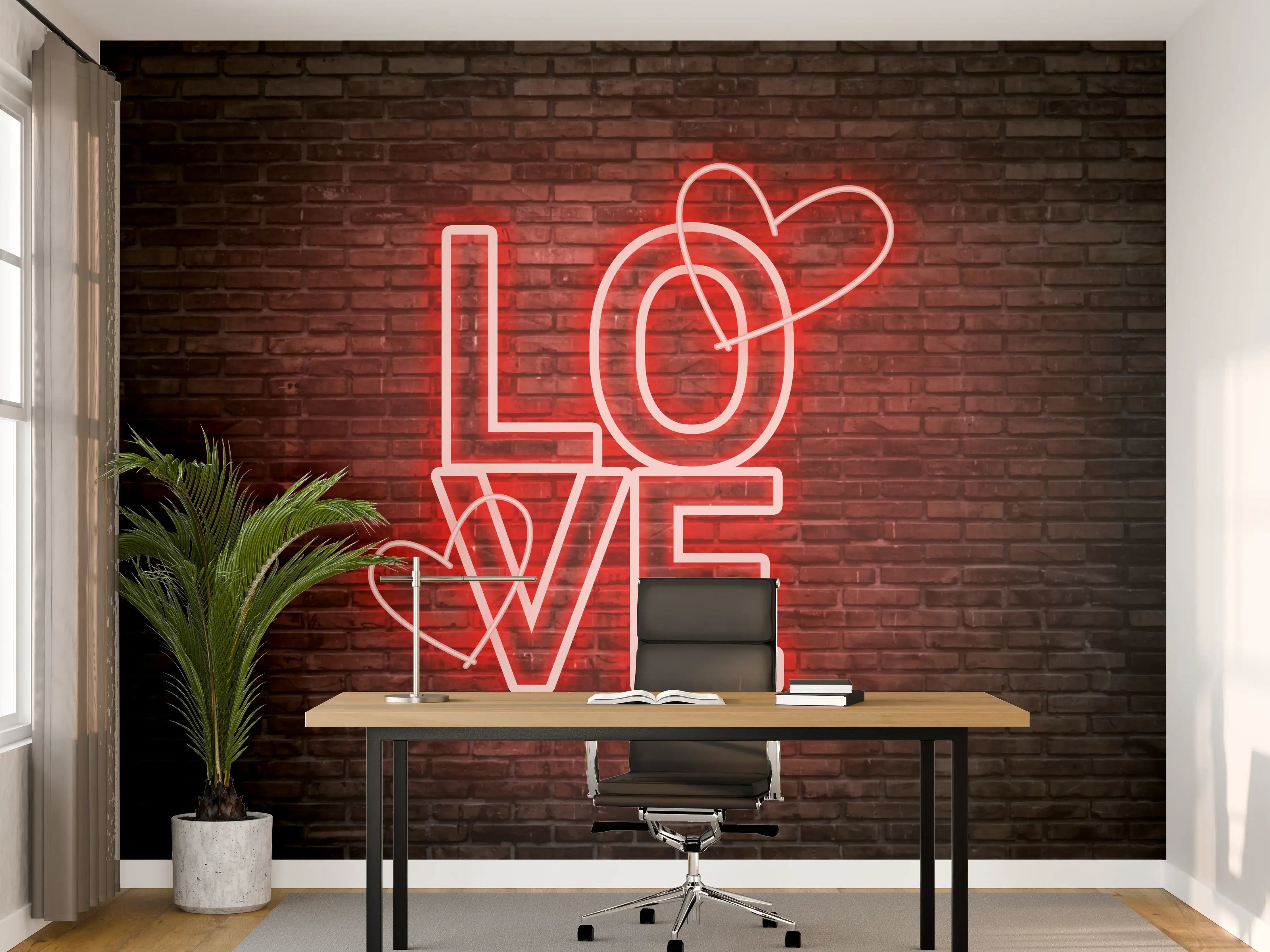 Büro Wandgestaltung - Neon Love Schriftzug vor roter Backsteinwand