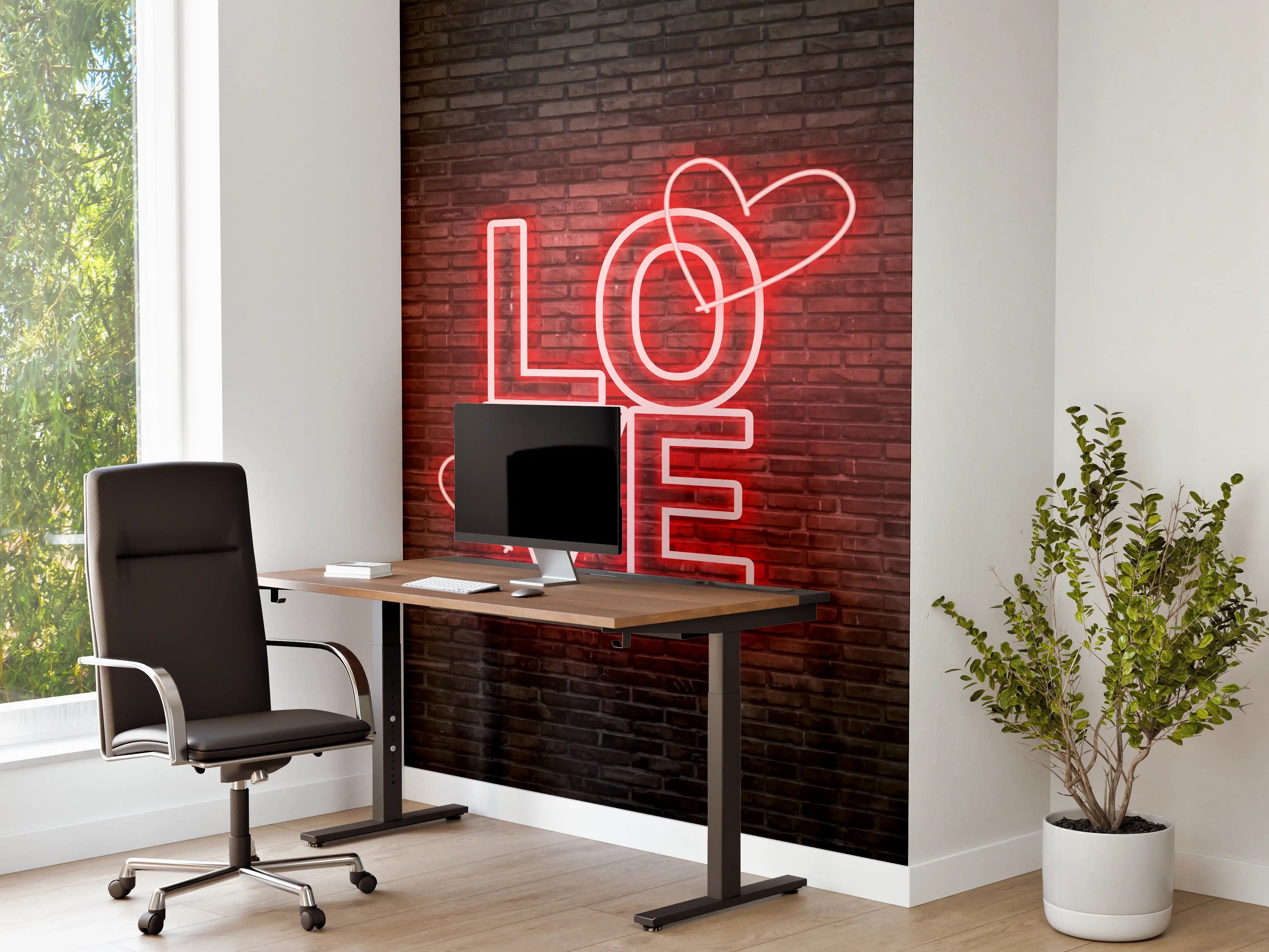 Büro Wandgestaltung - Neon Love Schriftzug vor roter Backsteinwand