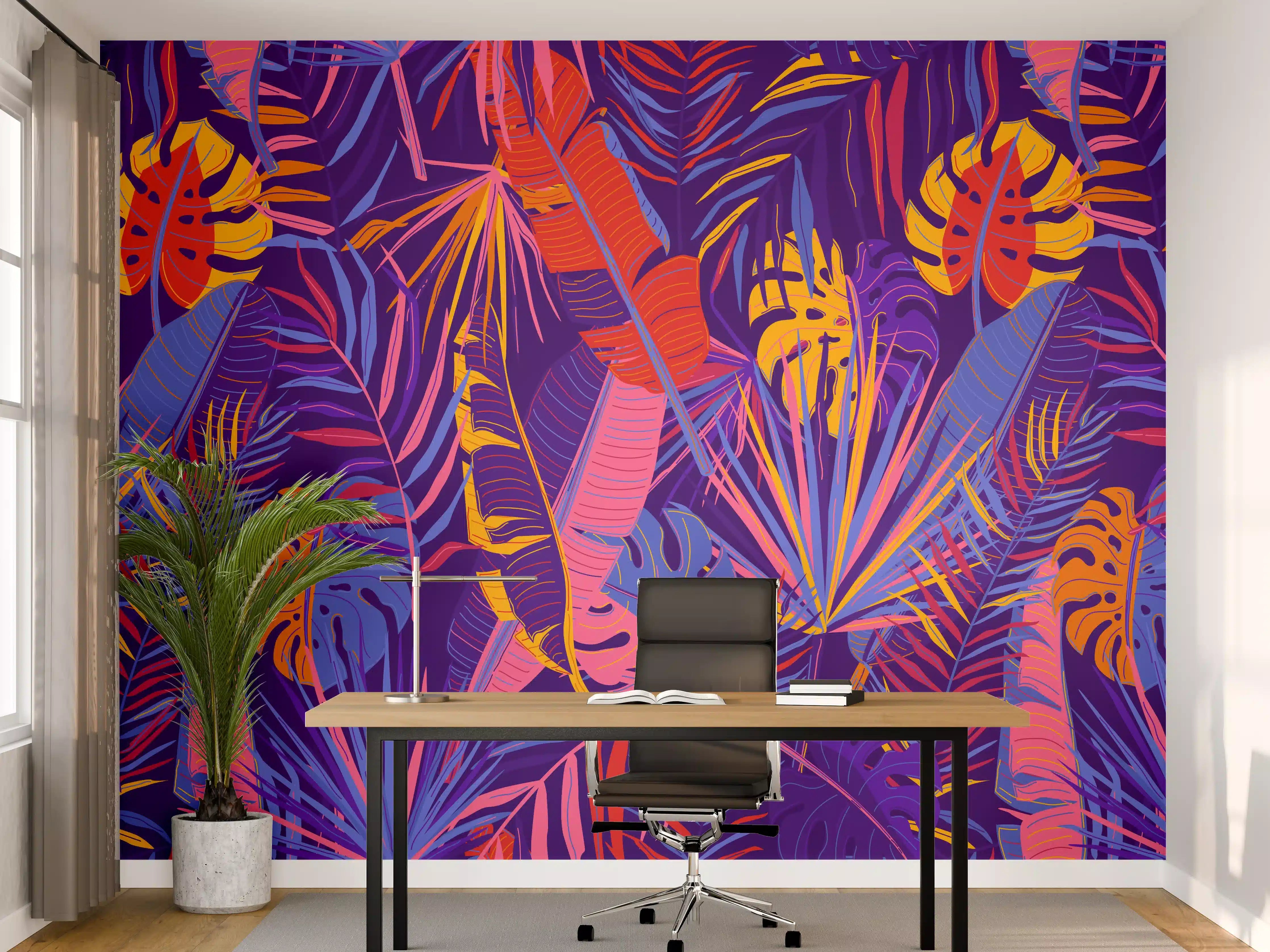 Büro Wandgestaltung - Neon Tropenblätter Muster