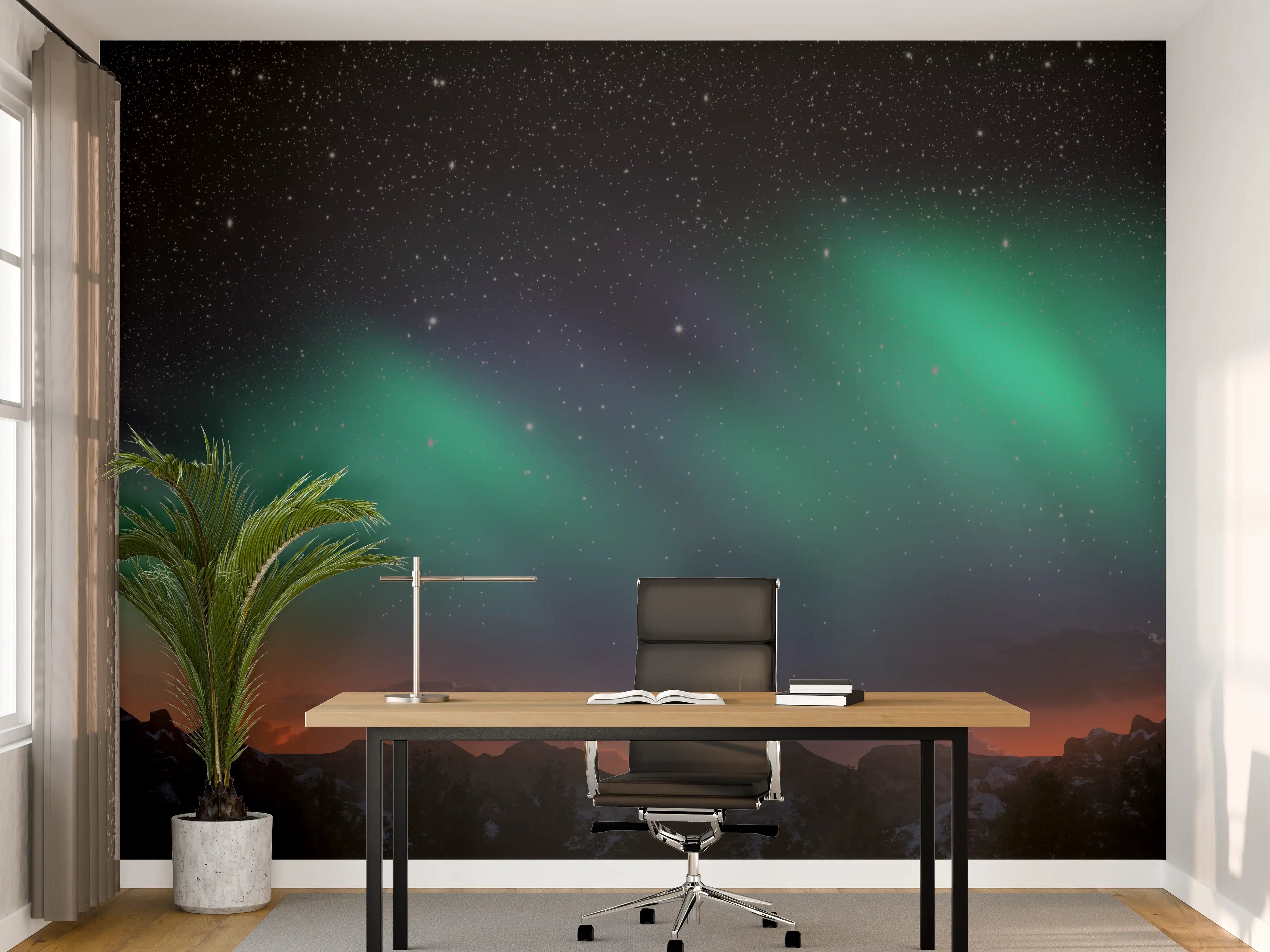 Büro Wandgestaltung - Nordlichter über Bergen bei Nacht