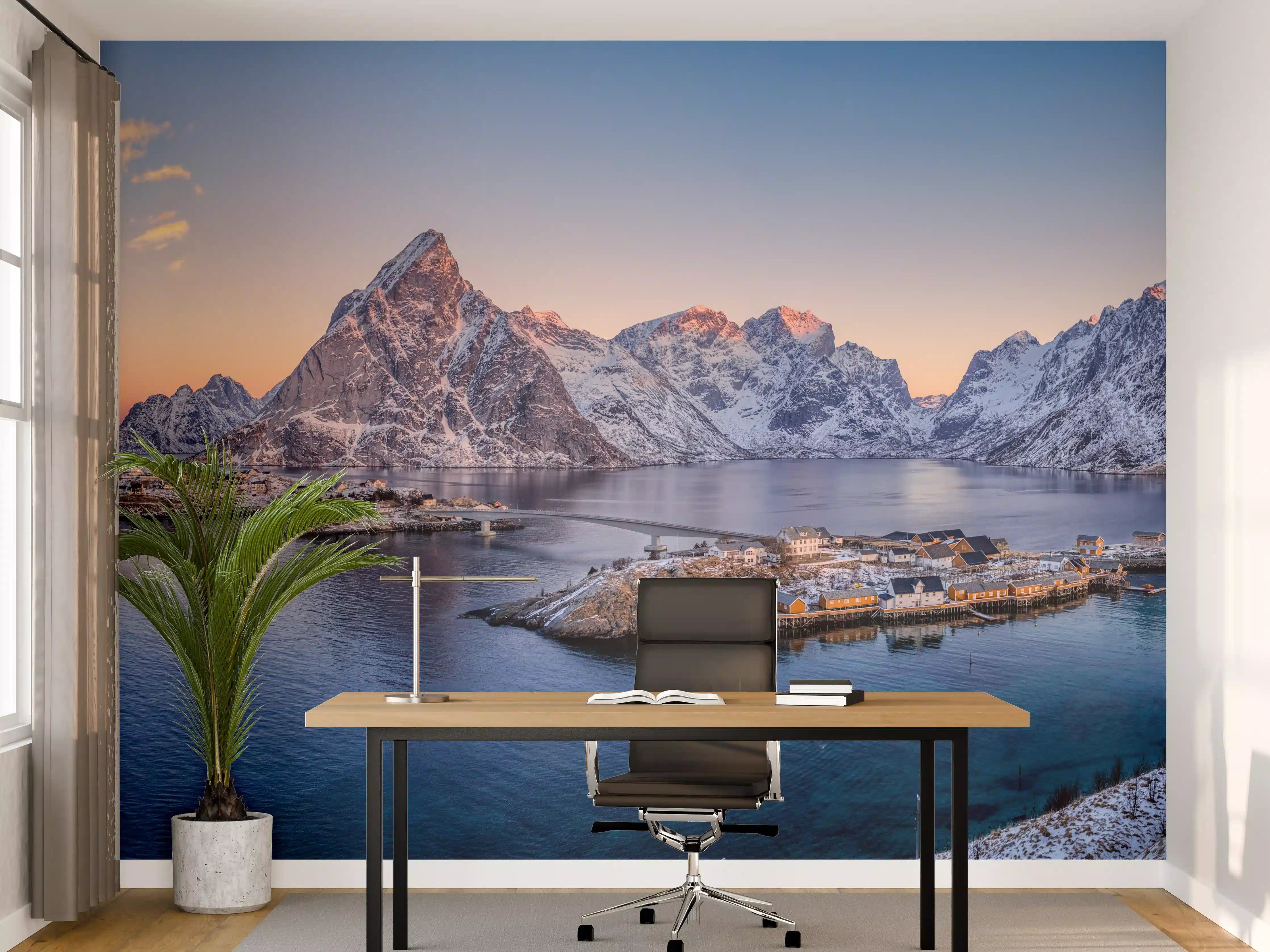 Büro Wandgestaltung - Norwegen Fjord Panorama Blau-Weiß