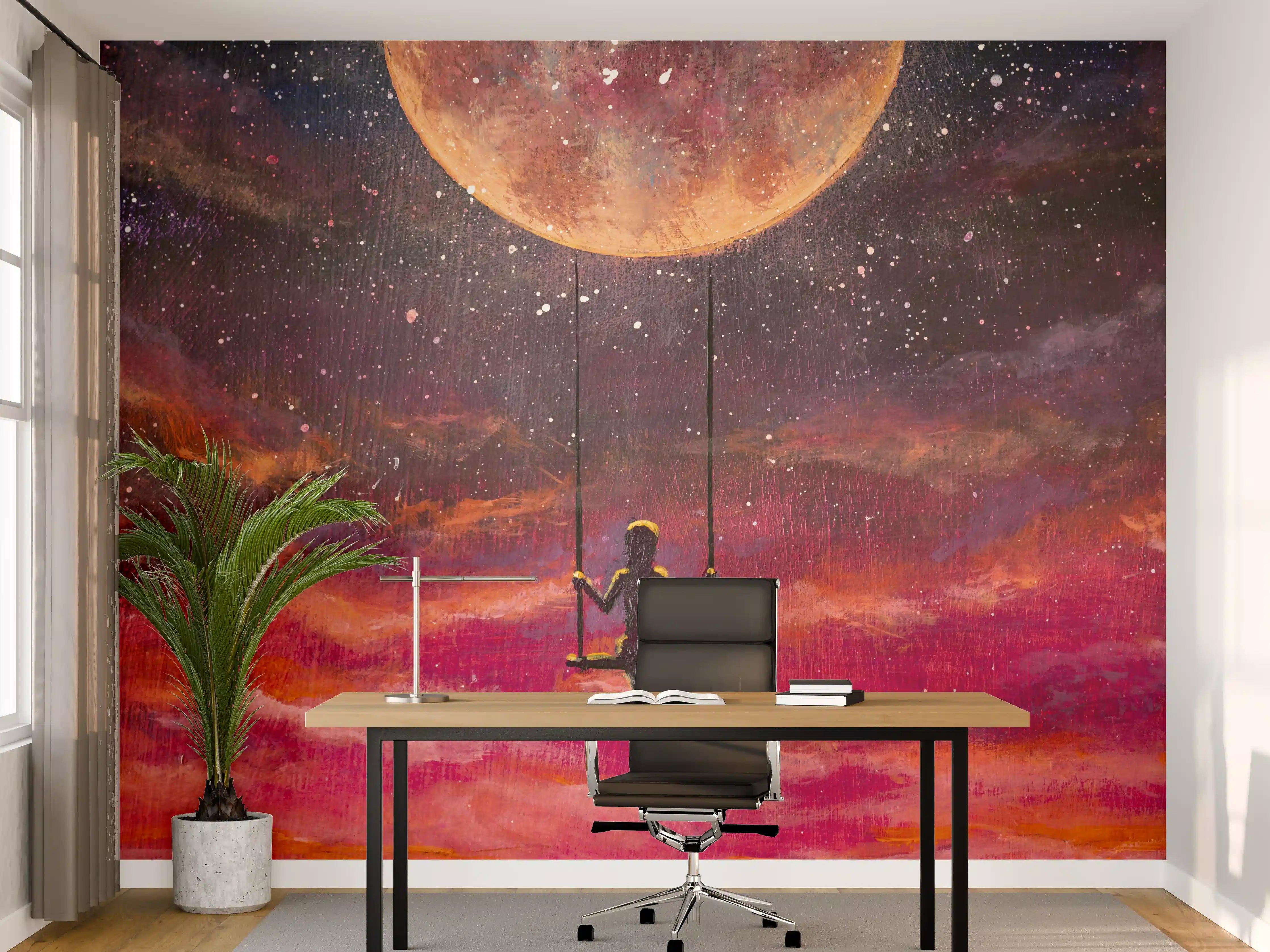 Büro Wandgestaltung - Ölgemälde Mädchen schaukelnd auf Mond