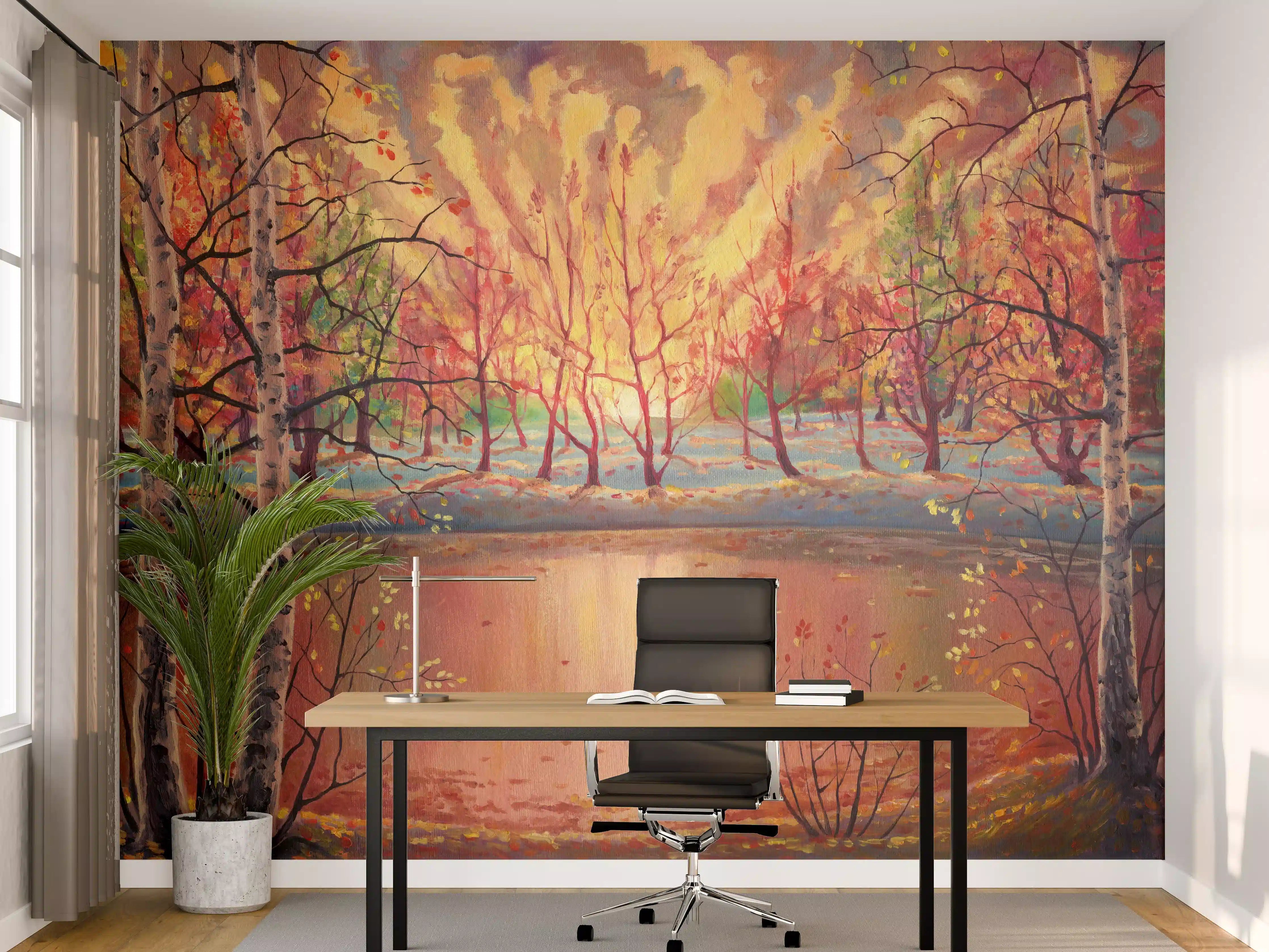 Büro Wandgestaltung - Ölgemälde Sonnenuntergang Herbstlandschaft