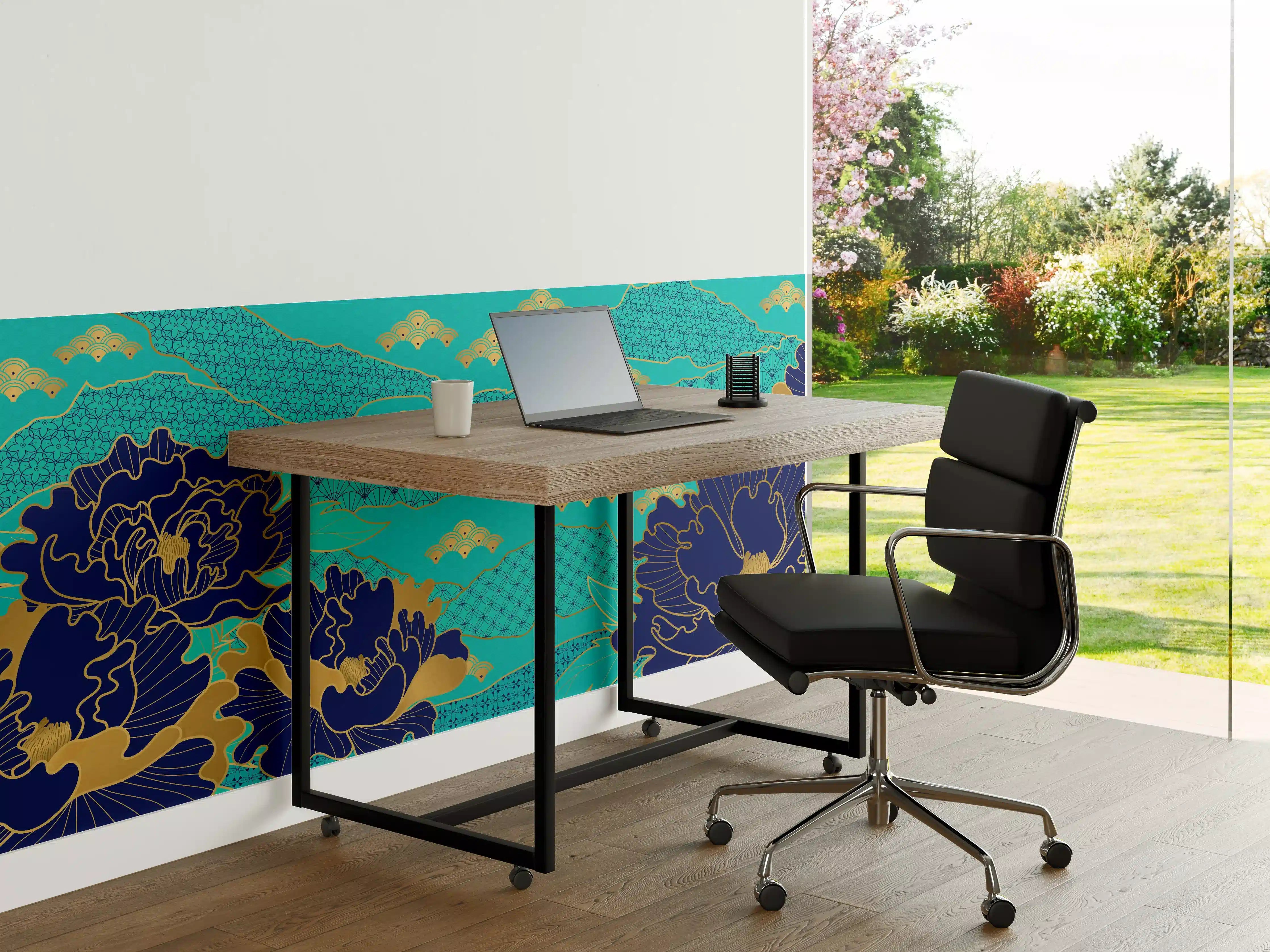 Büro Wandgestaltung - Orientalisch-Blauer Blumen-Digitaldruck