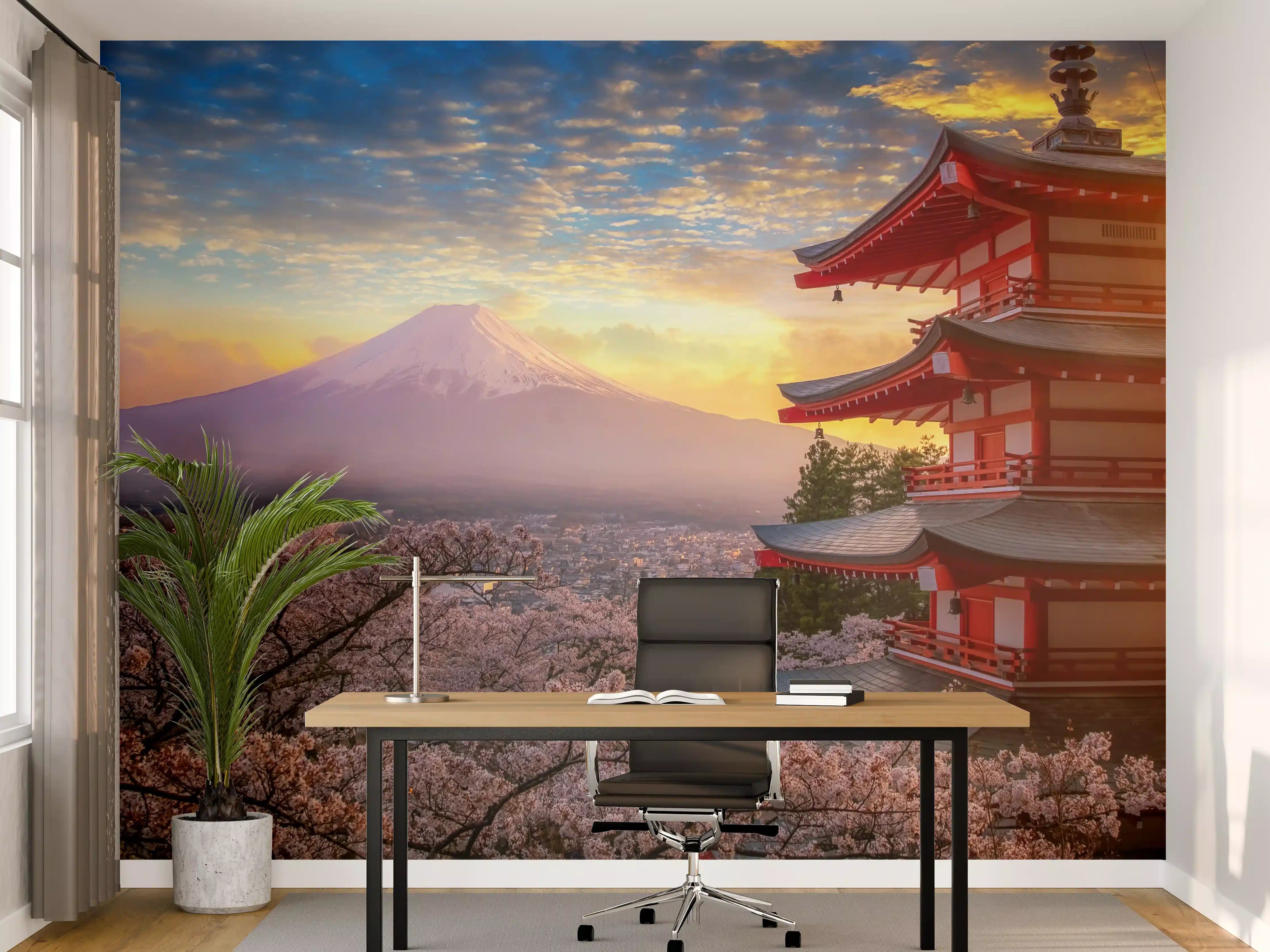 Büro Wandgestaltung - Panoramablick auf Fujiyoshida Sonnenuntergang