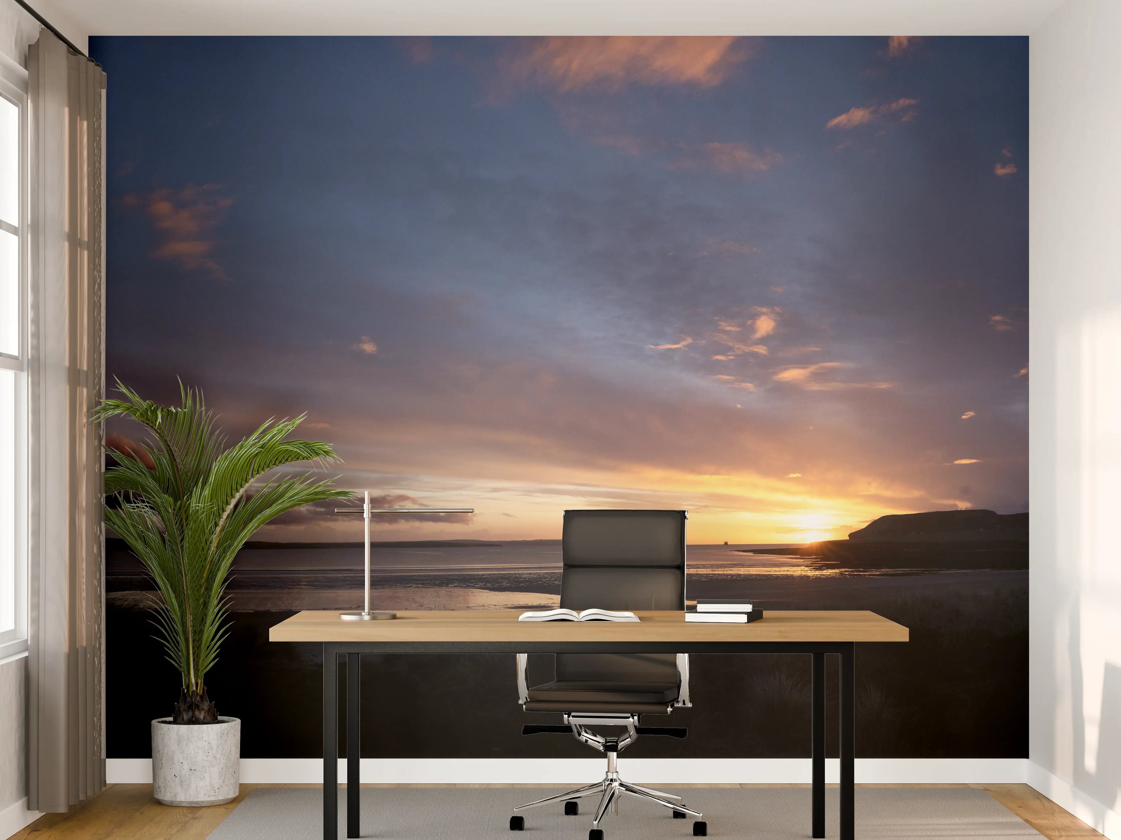 Büro Wandgestaltung - Panoramischer Sonnenuntergang über ruhigem Wasser
