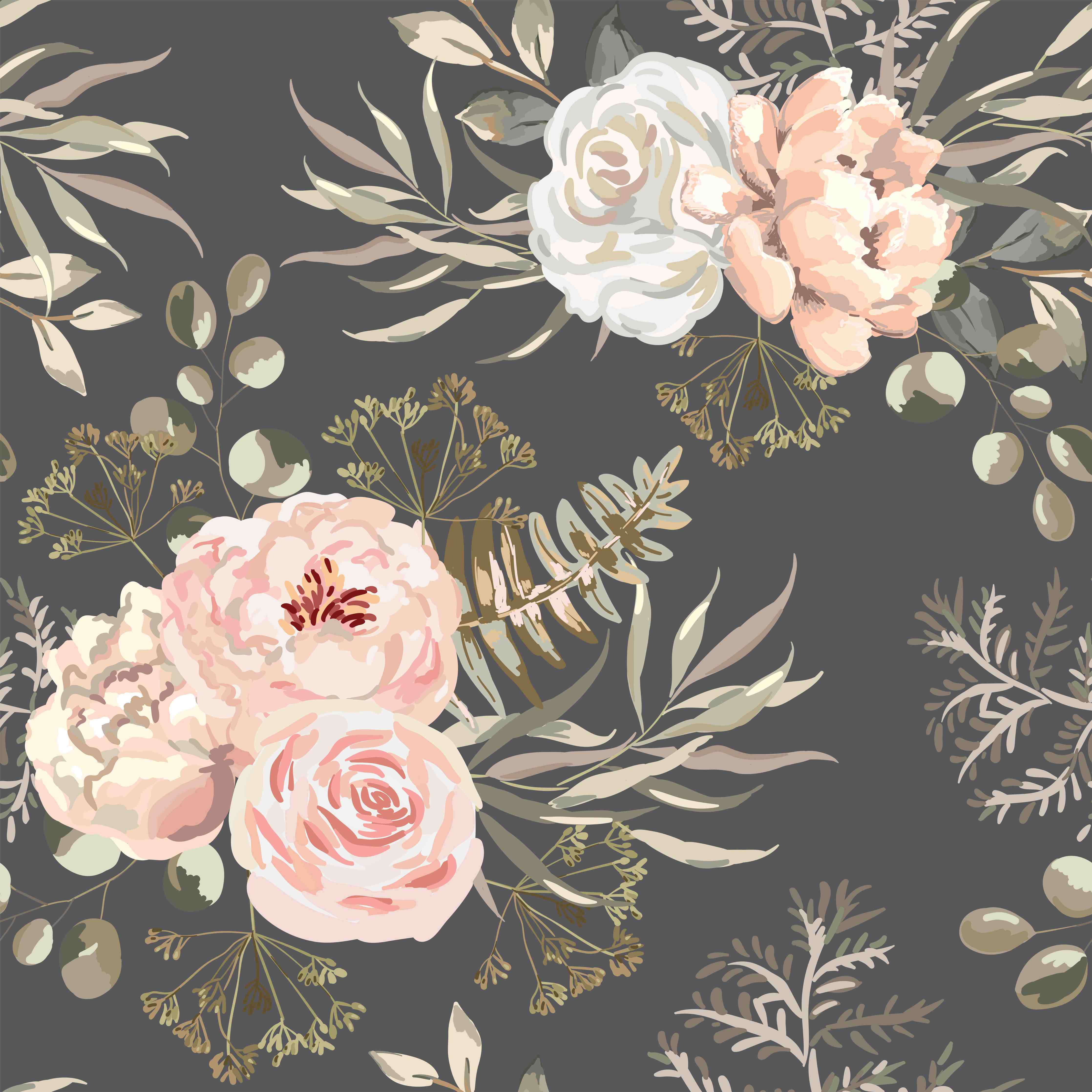 Büro Wandgestaltung-Pastellfarbene Blumenillustration mit zarten Grautönen