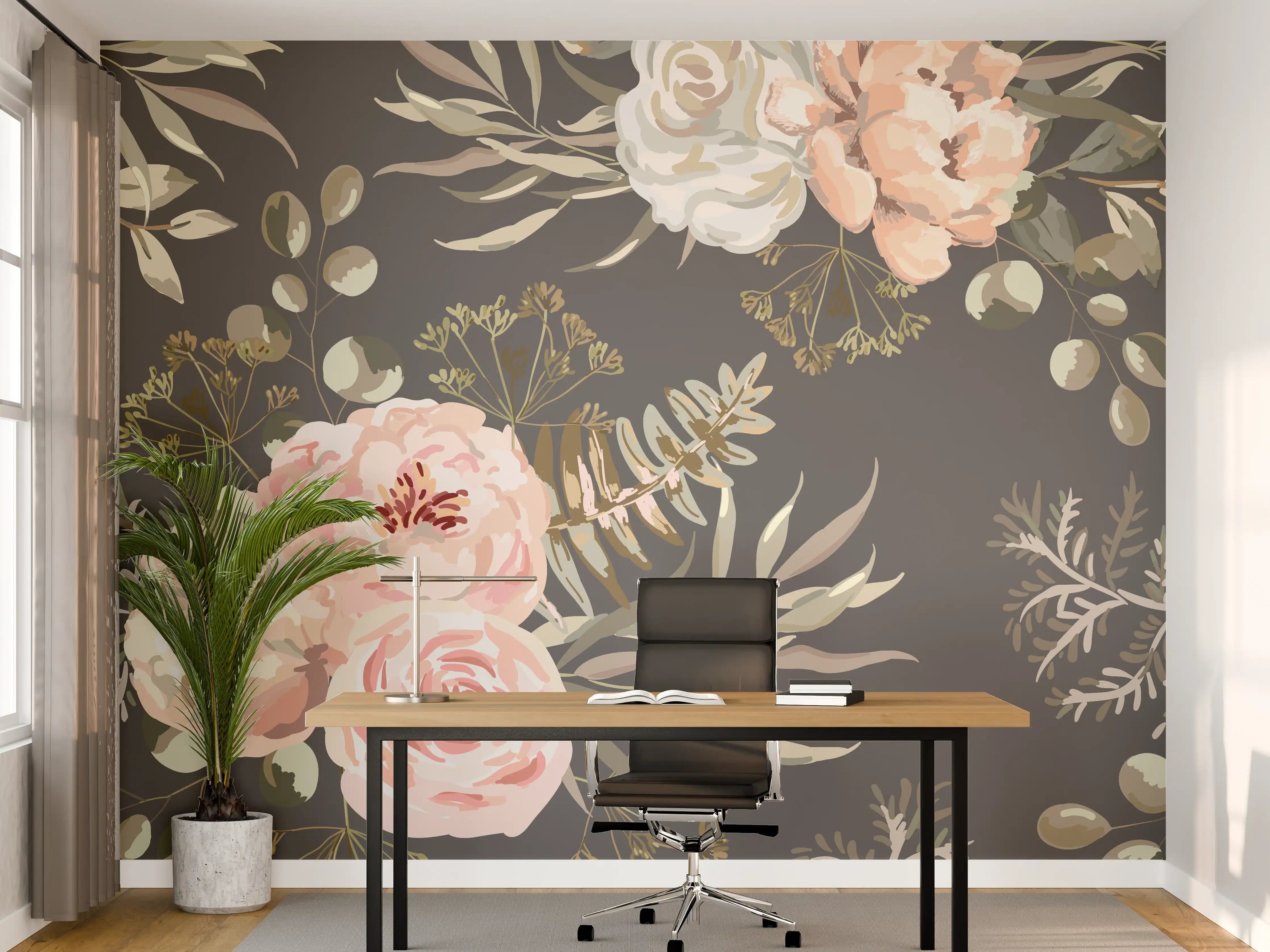 Büro Wandgestaltung - Pastellfarbene Blumenillustration mit zarten Grautönen