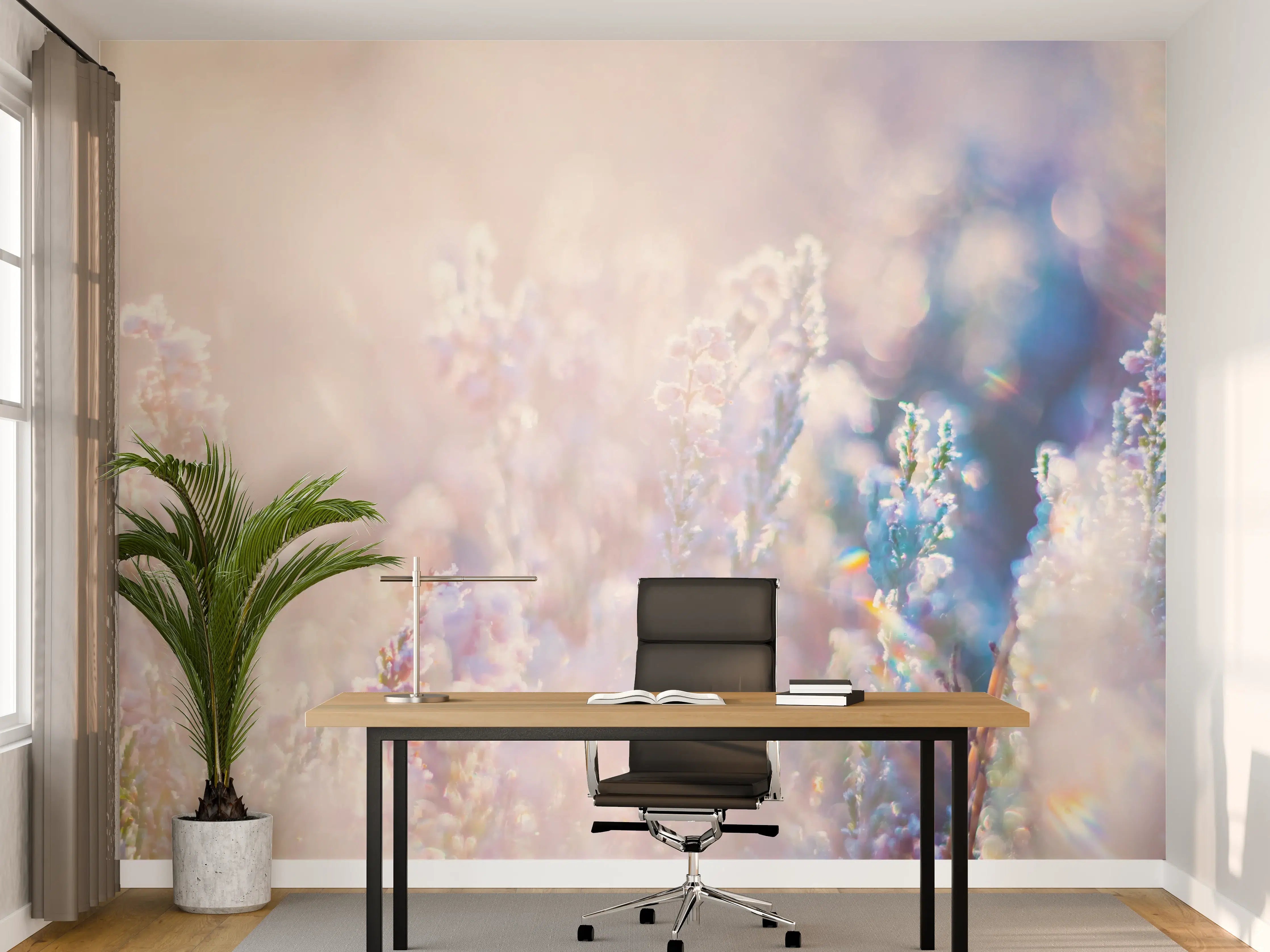 Büro Wandgestaltung - Pastellfarbene Blumenwiese im Sonnenlicht