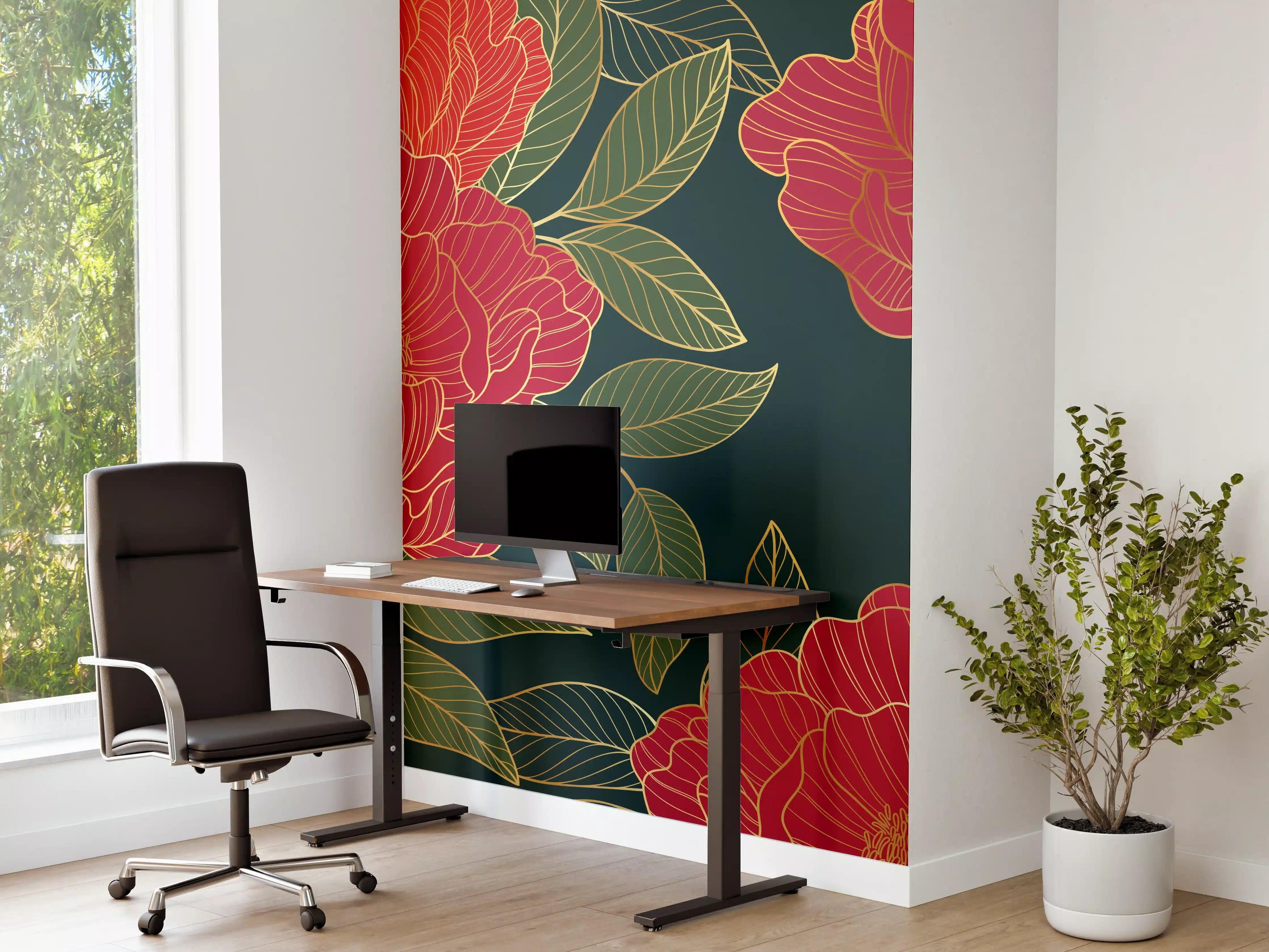 Büro Wandgestaltung - Pfingstrosen Muster Dunkelrot