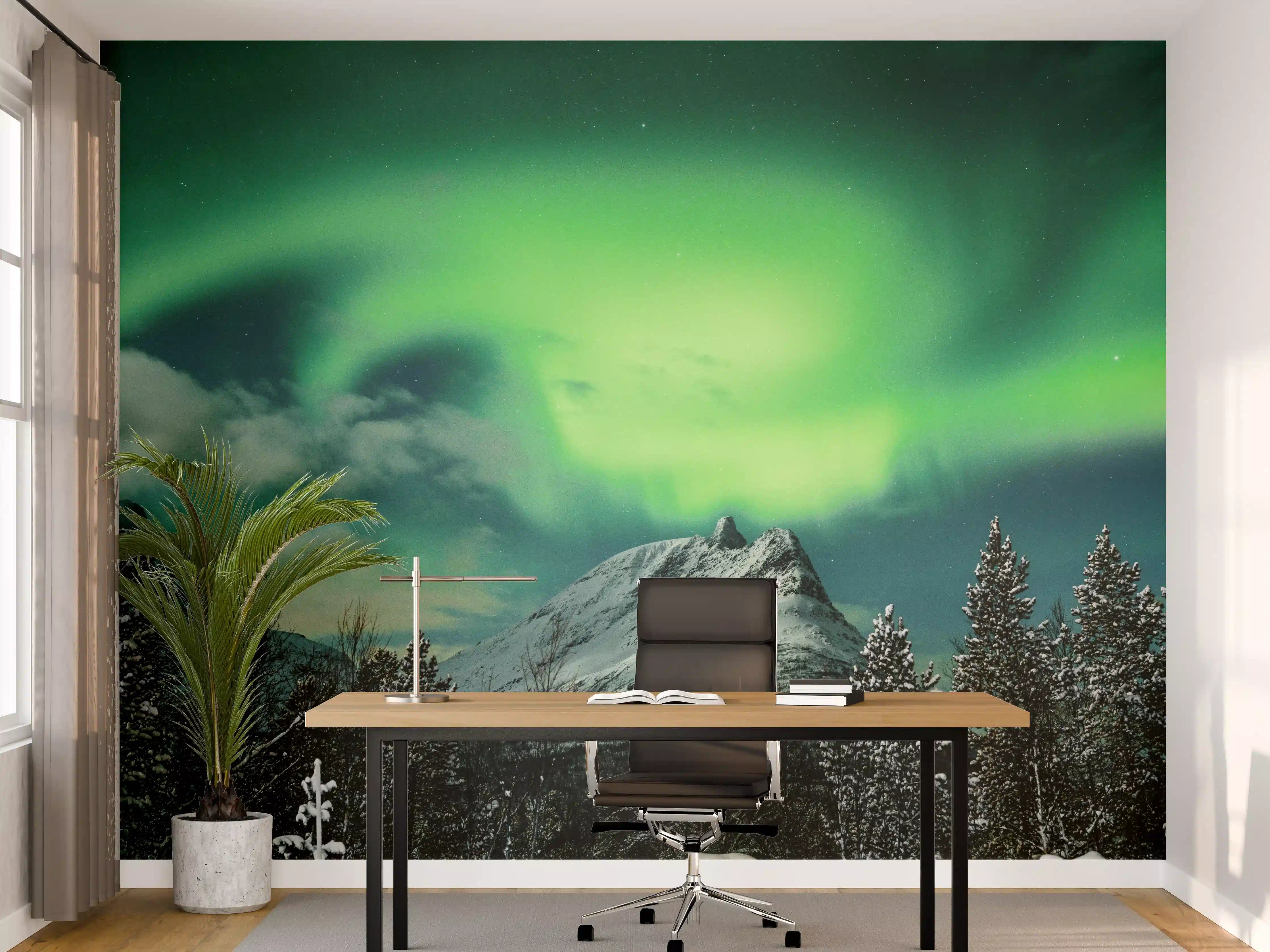 Büro Wandgestaltung - Polarlichter über Berg in Nordnorwegen