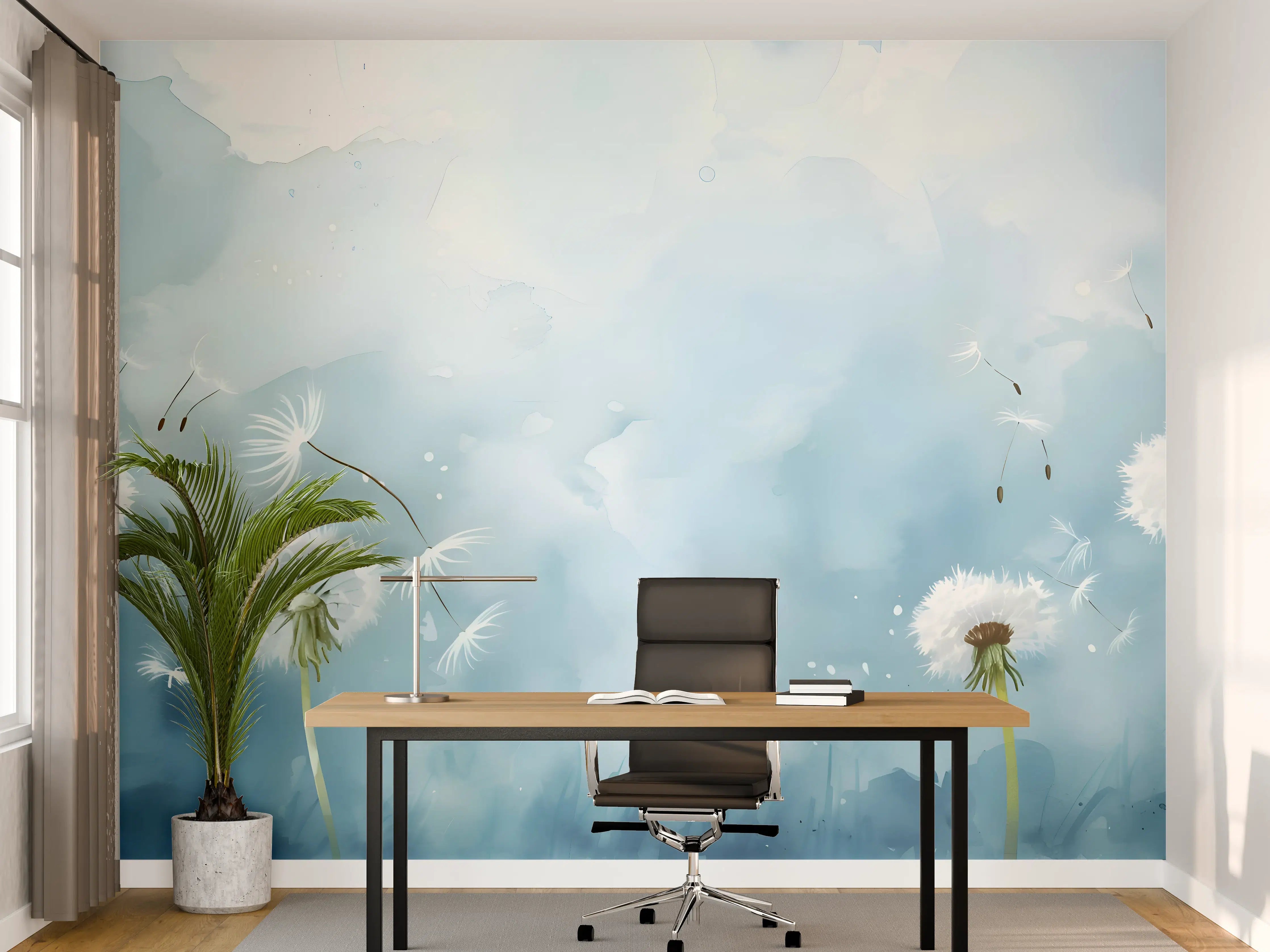 Büro Wandgestaltung - Pusteblumen Aquarell Blau-Weiß