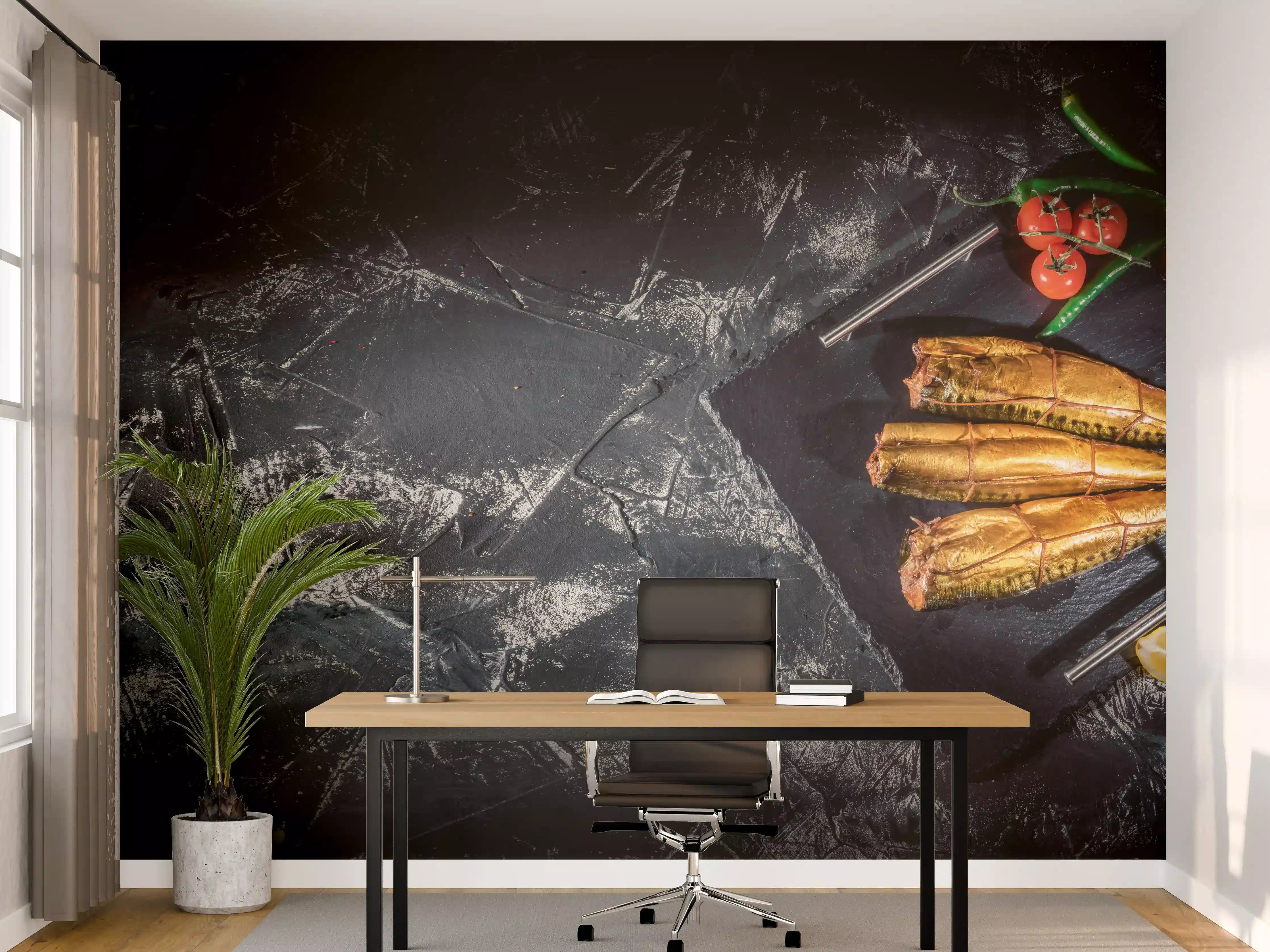 Büro Wandgestaltung - Räucherfisch auf dunklem Schiefer
