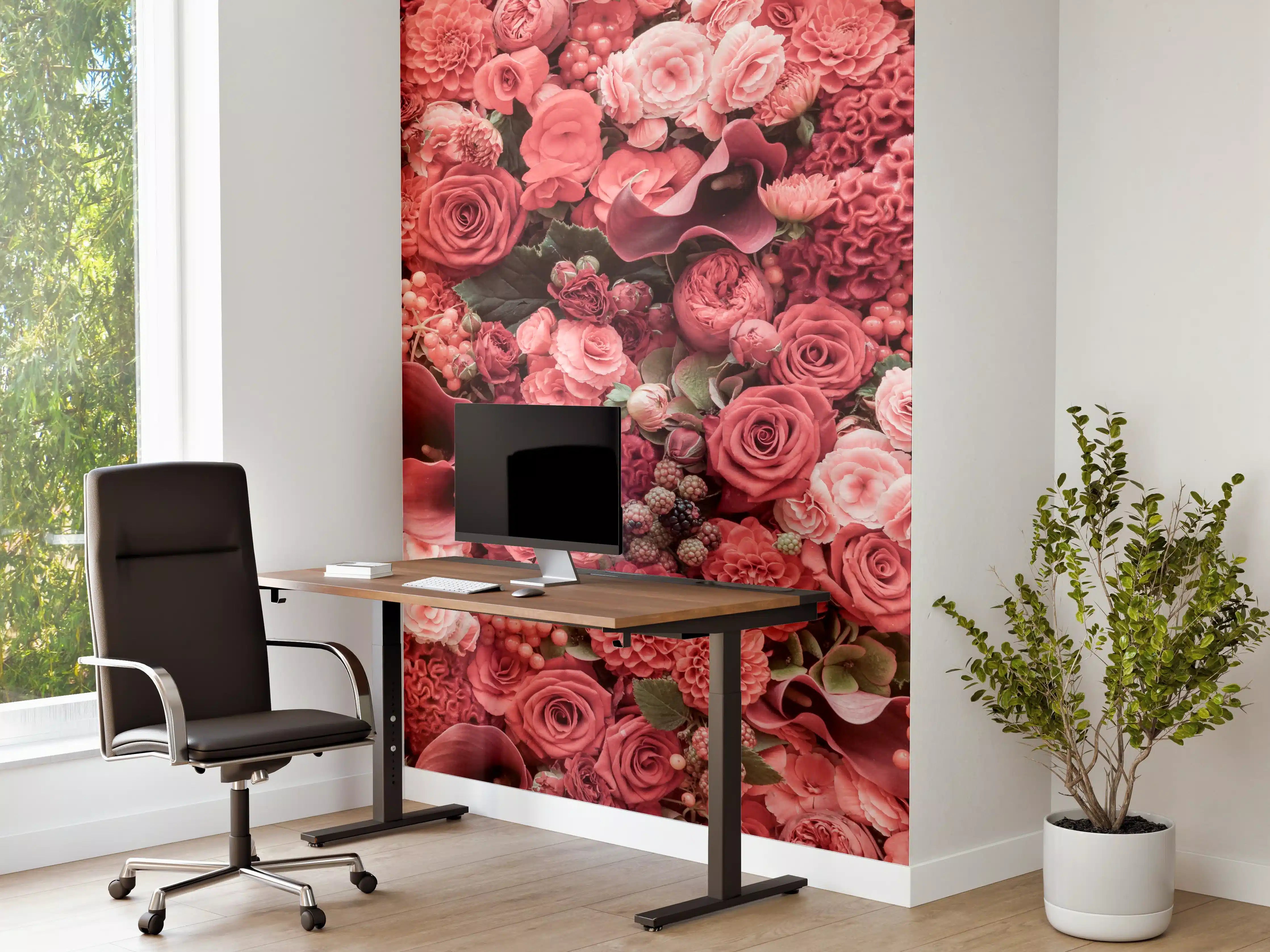 Büro Wandgestaltung - Romantische Blumenpracht in Rot- und Rosatönen