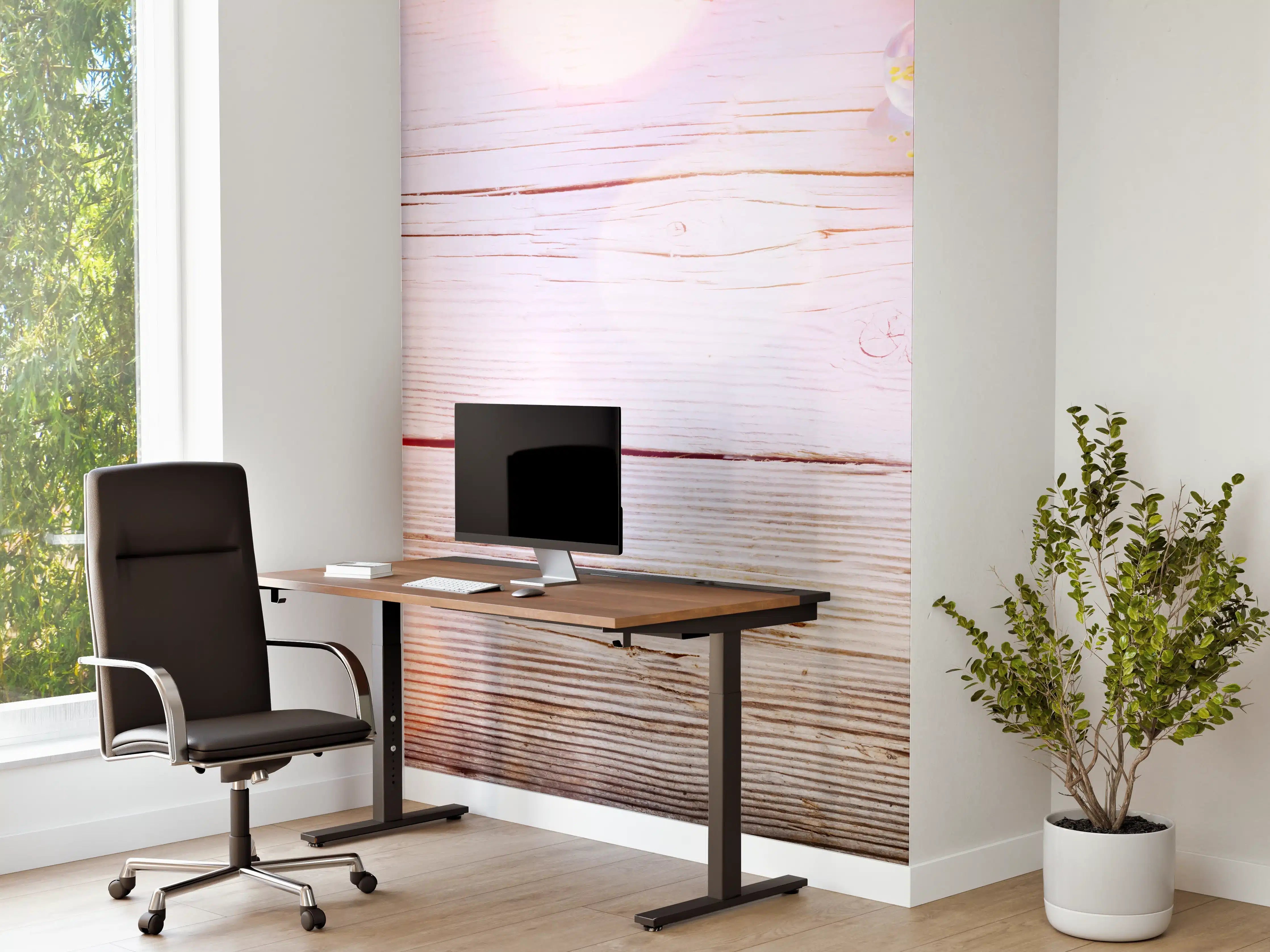 Büro Wandgestaltung - Rosa Blüten auf Holzplatte