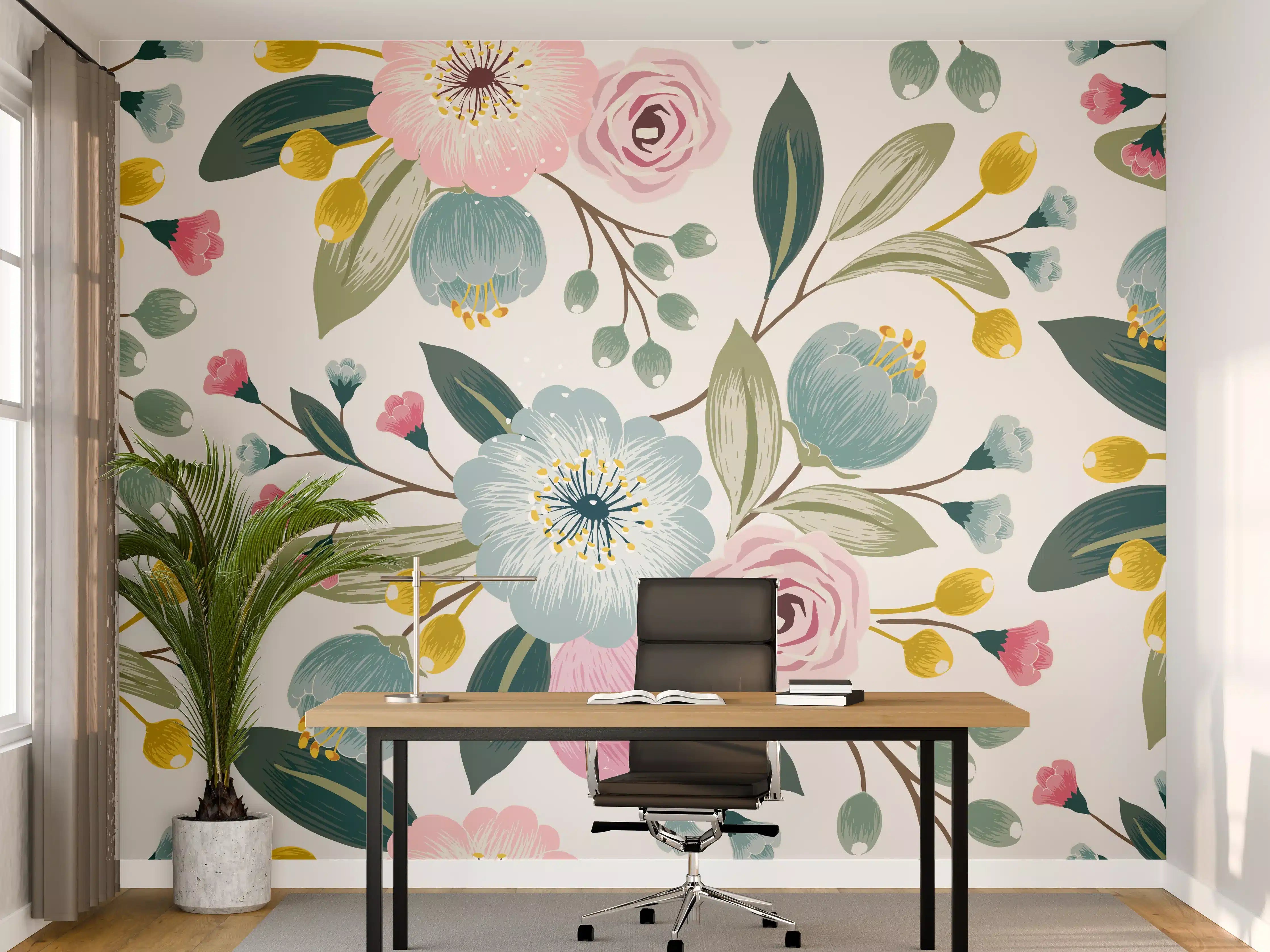 Büro Wandgestaltung - Rosa Blumenmuster Tapete
